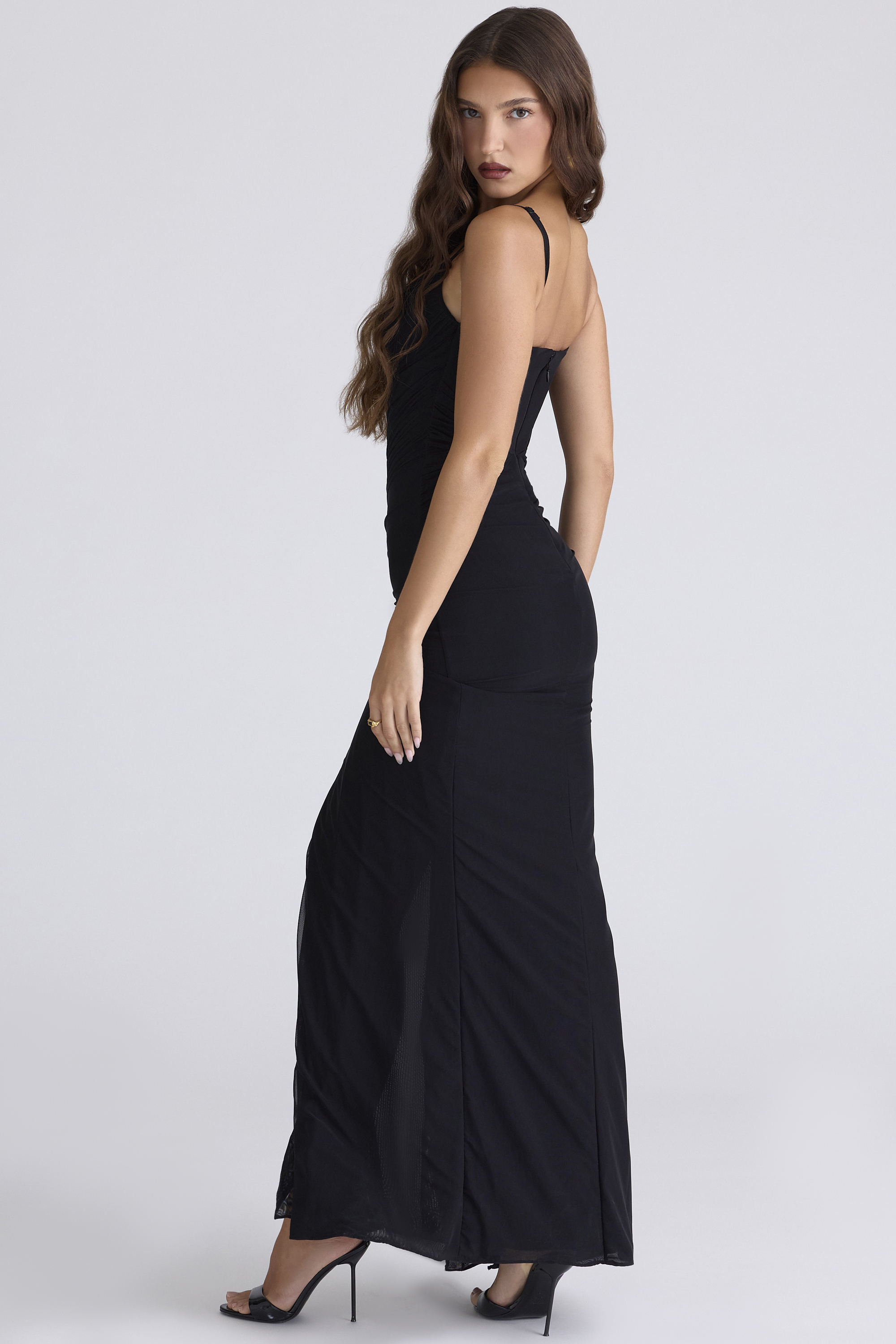 Issey Black Stretch Mesh Draped Maxi Dress