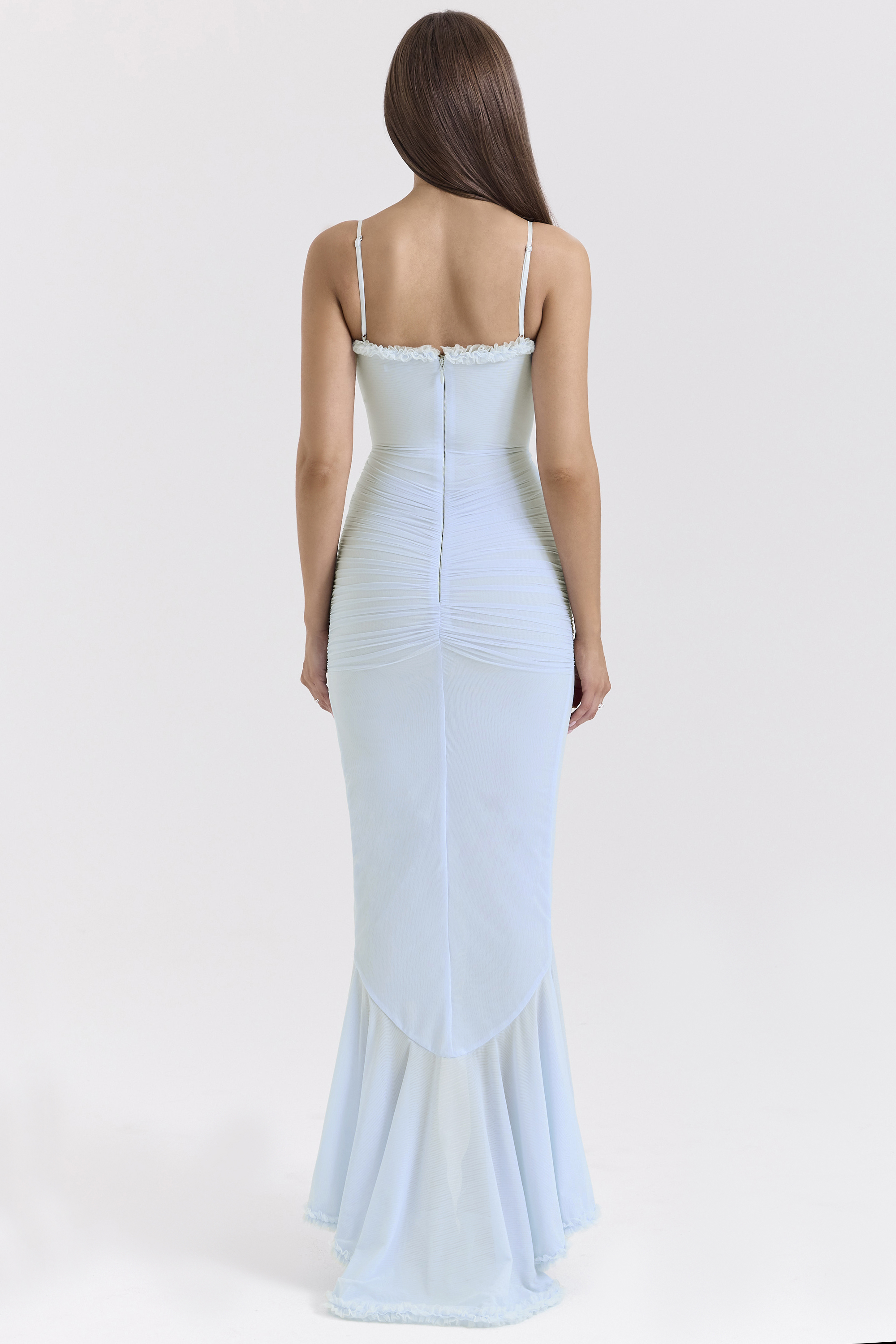Gabbi Ice Blue Mesh Ruffled Front Gown