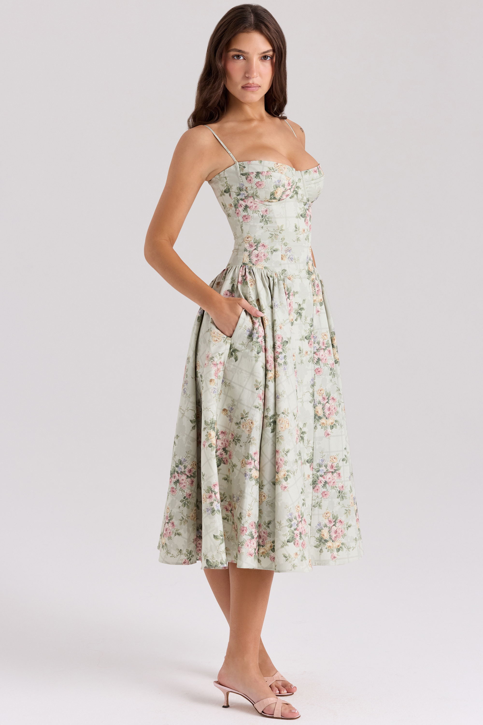 Samaria Sage Floral Print Cotton Midi Dress