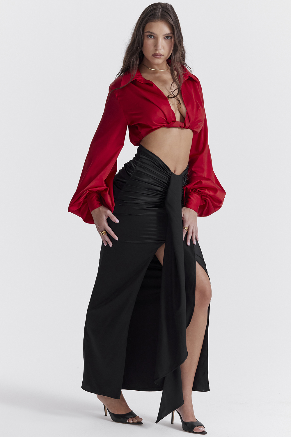 Arla Black Draped Silk Maxi Skirt