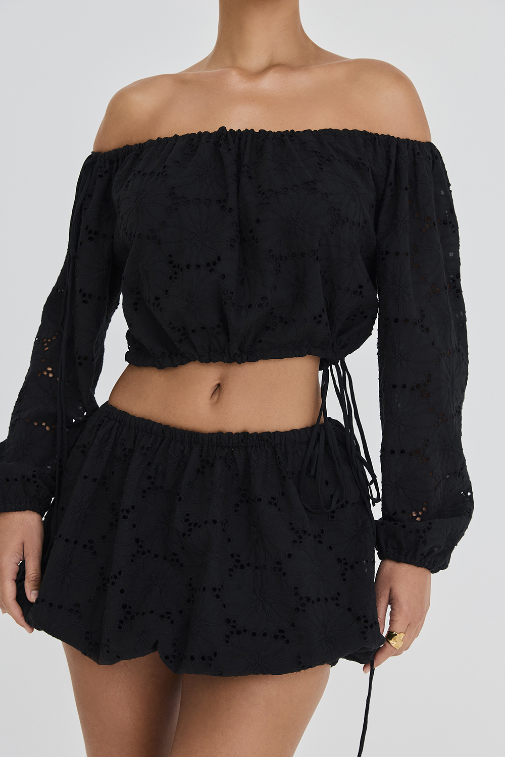 Mistress Rocks Black Broderie Cotton Off Shoulder Top - SALE