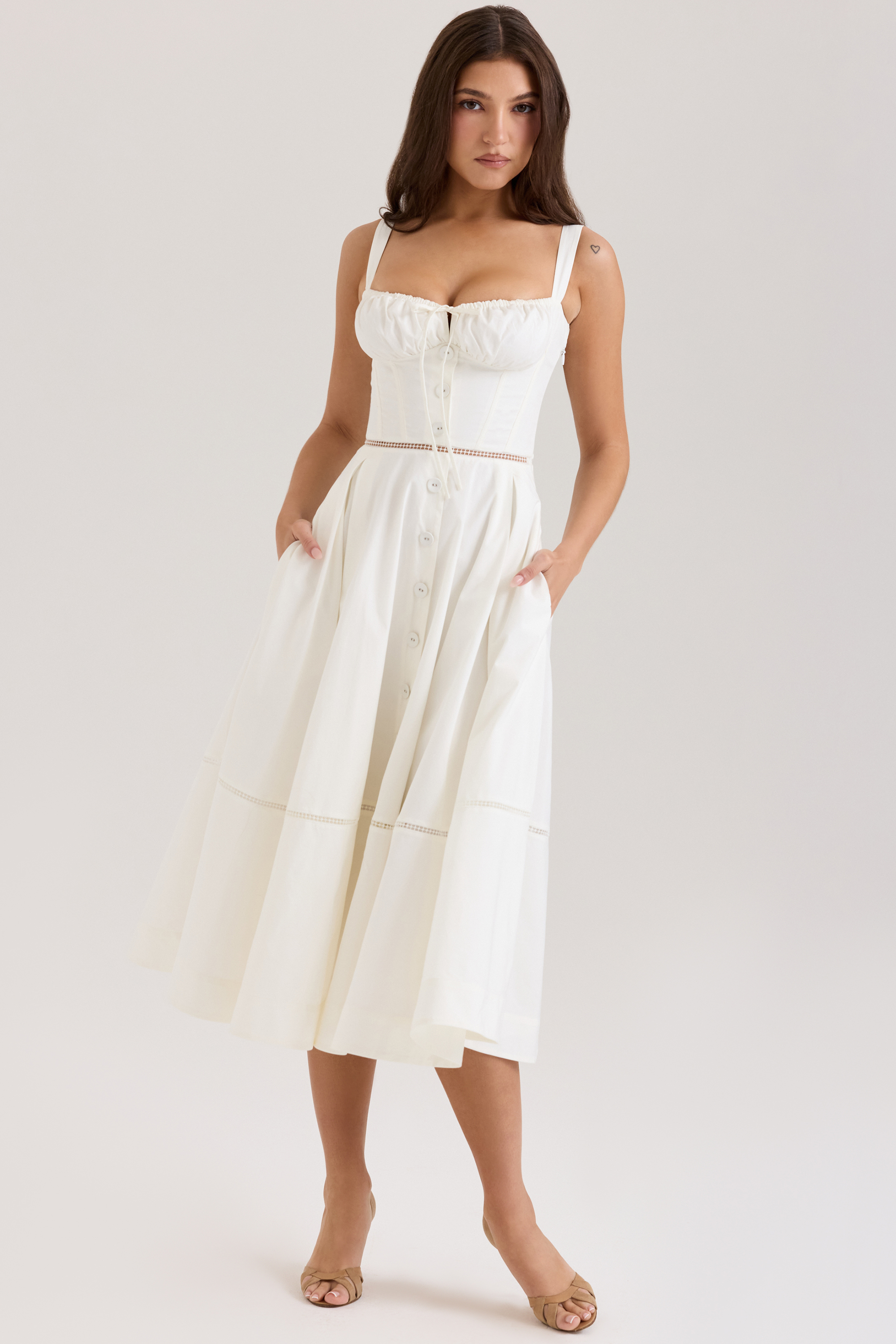 Chiarina White Cotton Button Front Midi Dress