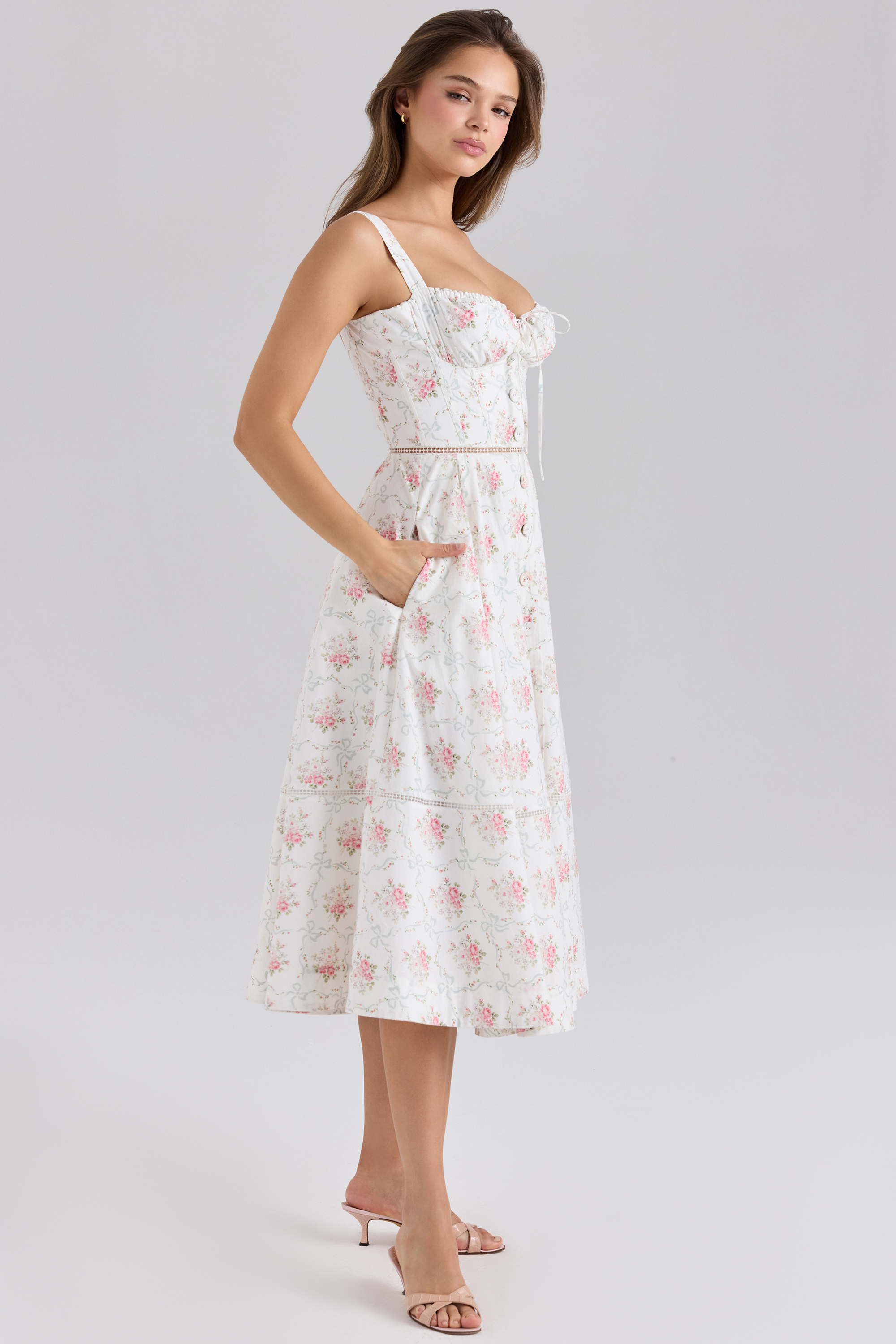 Chiarina Rose Print Cotton Button Front Midi Dress