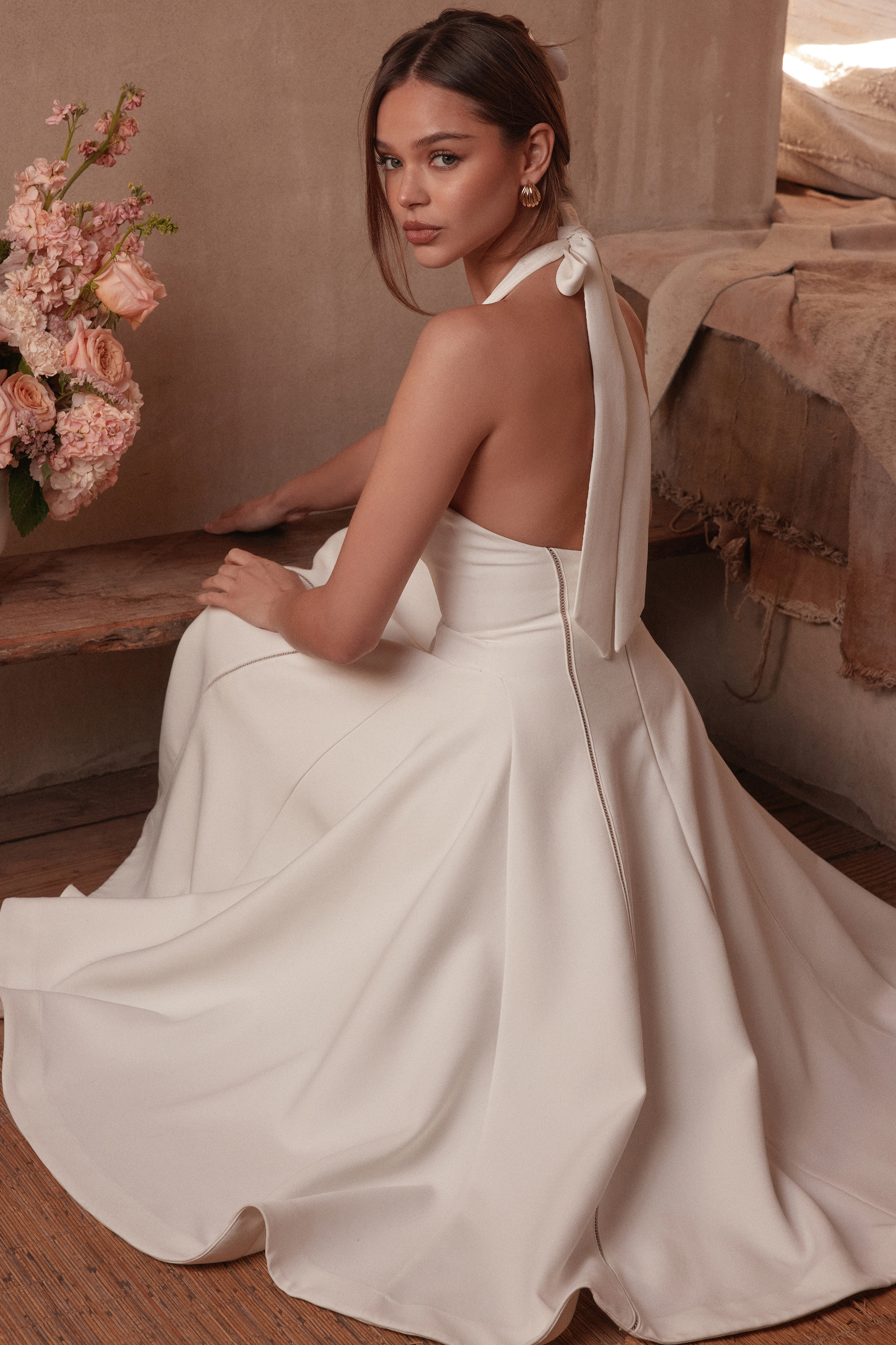 Loulou Ivory Halter Neck Midi Dress