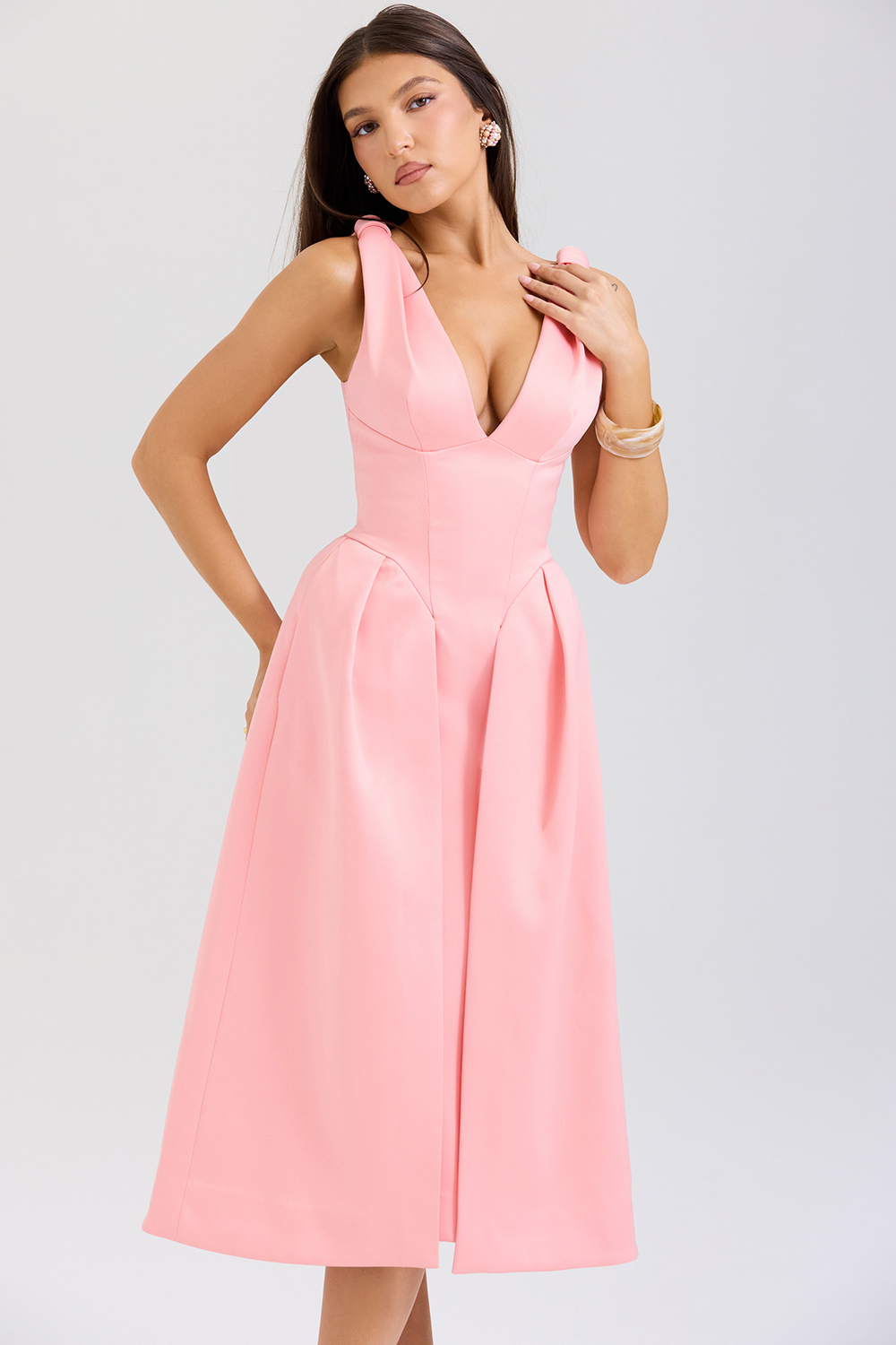 Paloma Peach Satin Pleated Midi Dress - SALE