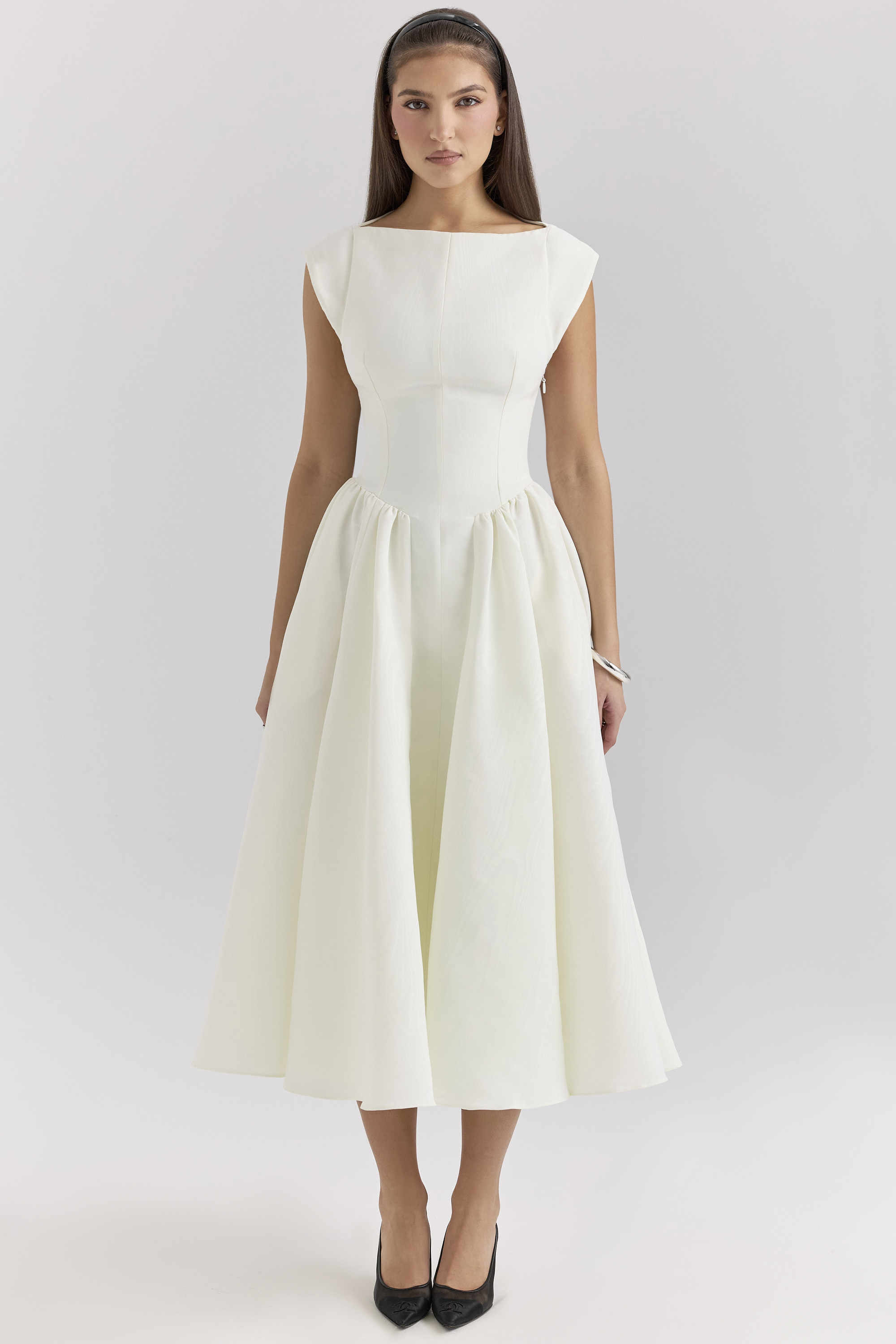 Debutante Ivory Moire Satin Midi Dress
