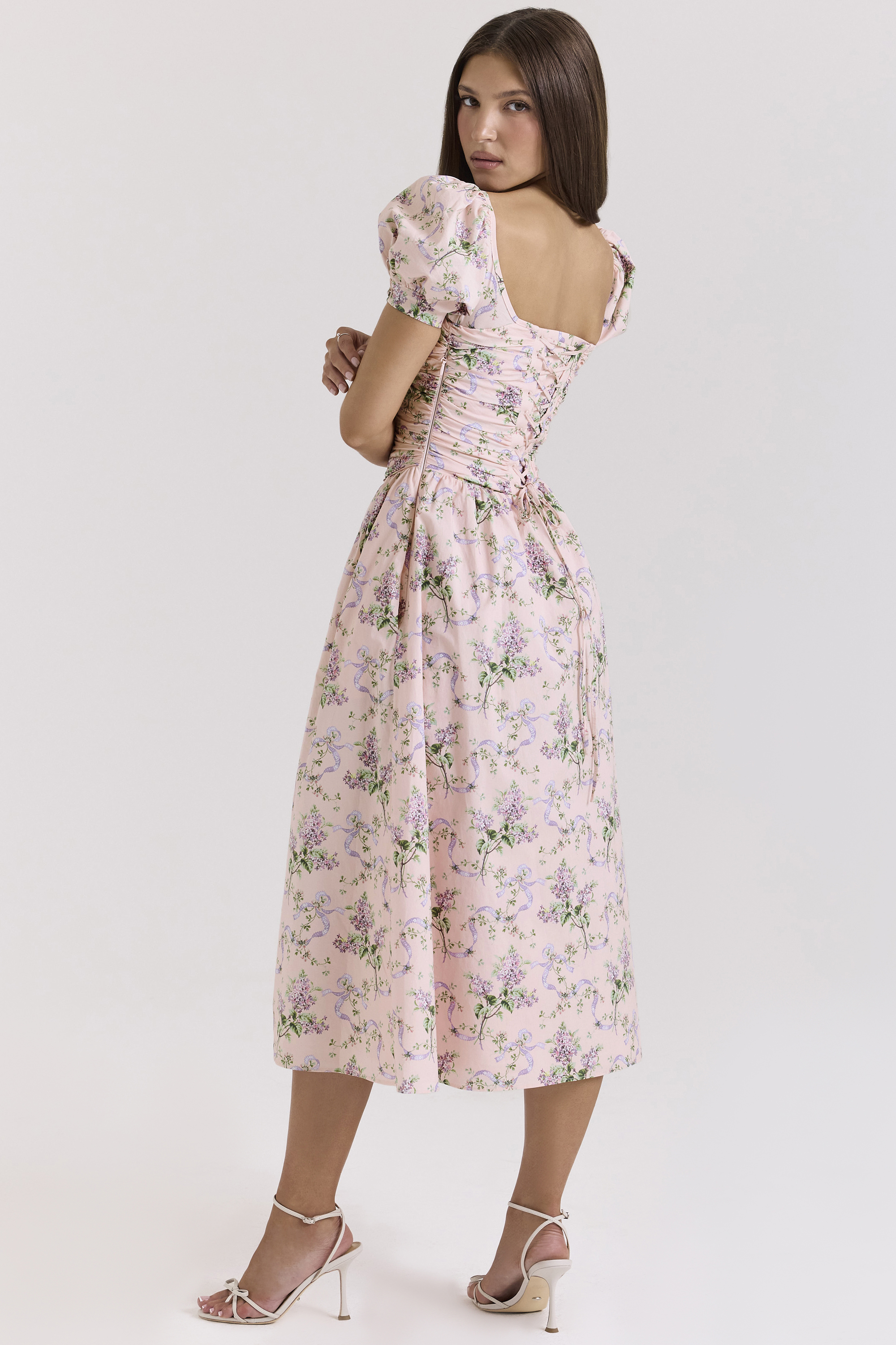 Lulabell Pink Ribbon Print Cotton Midi Dress