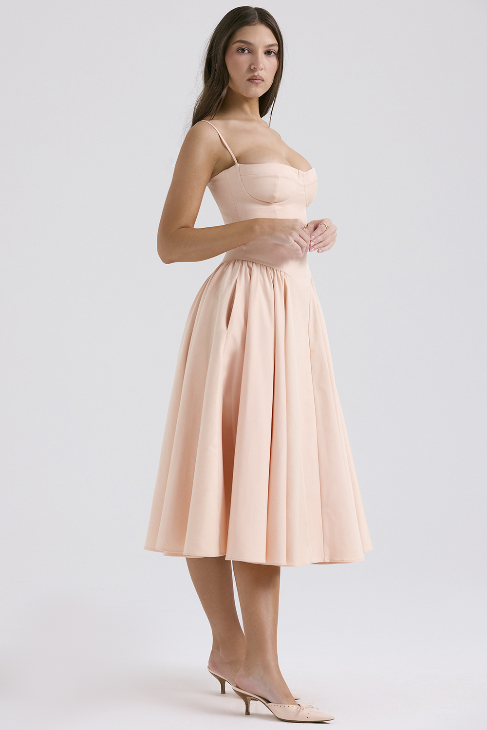 Samaria Peach Parfait Twill Corset Midi Dress