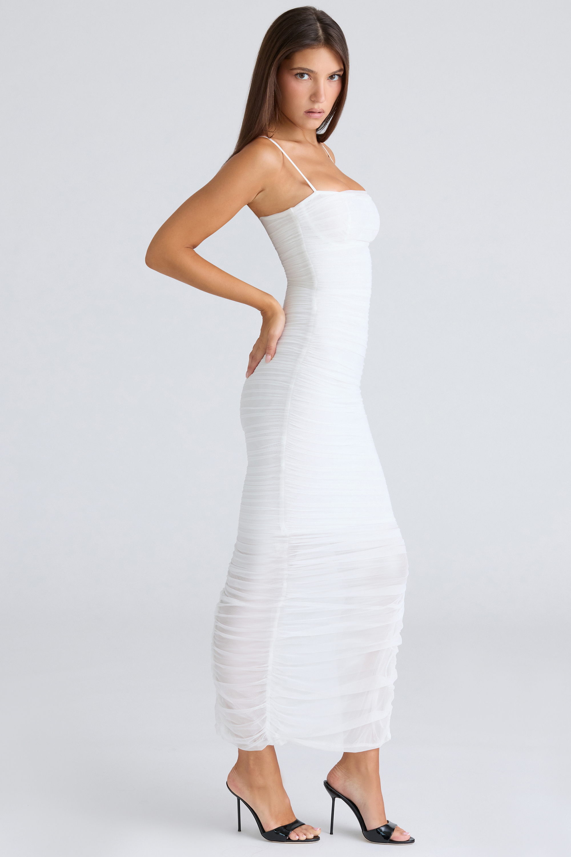 Fornarina White Gathered Stretch Mesh Maxi Dress