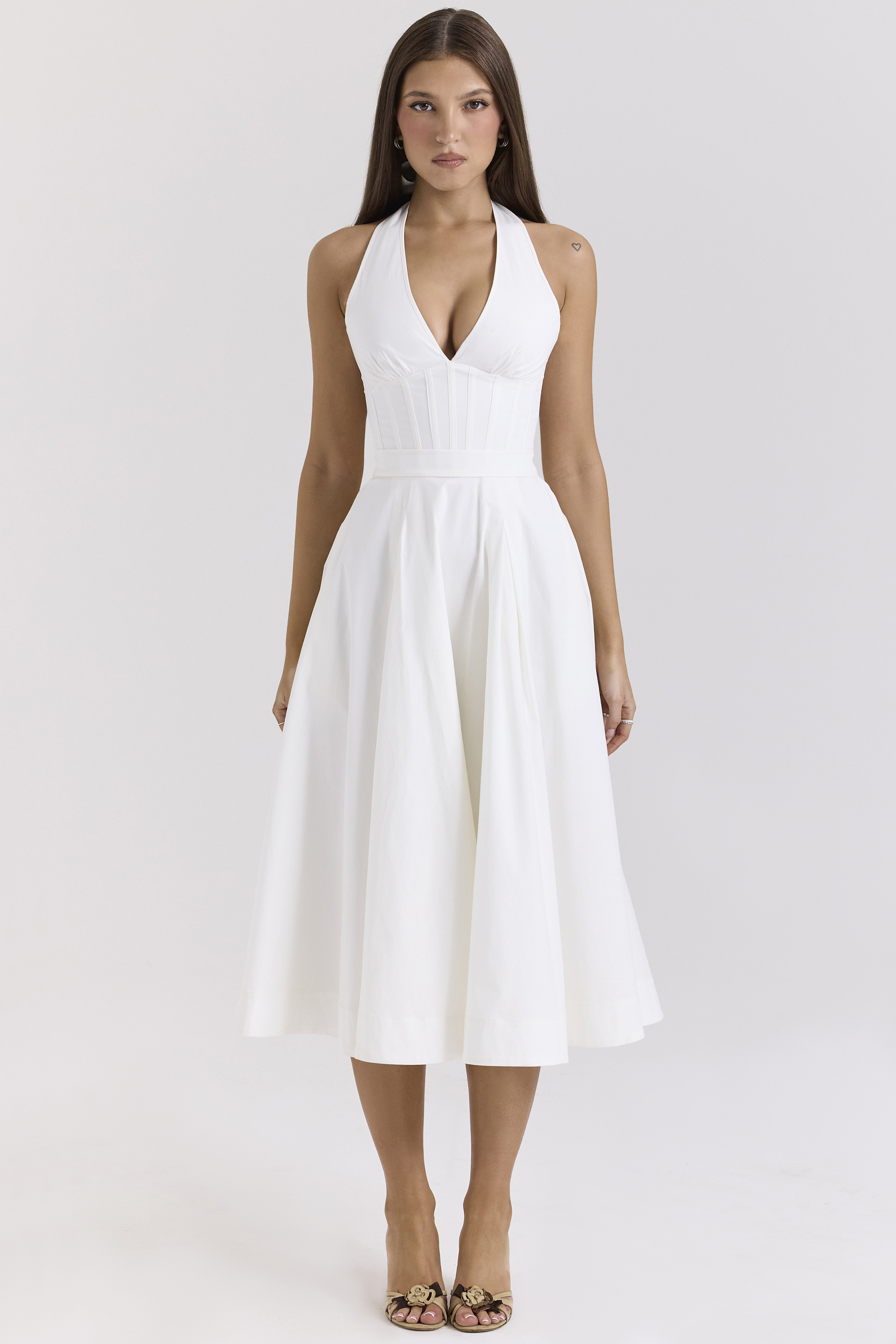Allena White Stretch Cotton Halter Midi Sundress