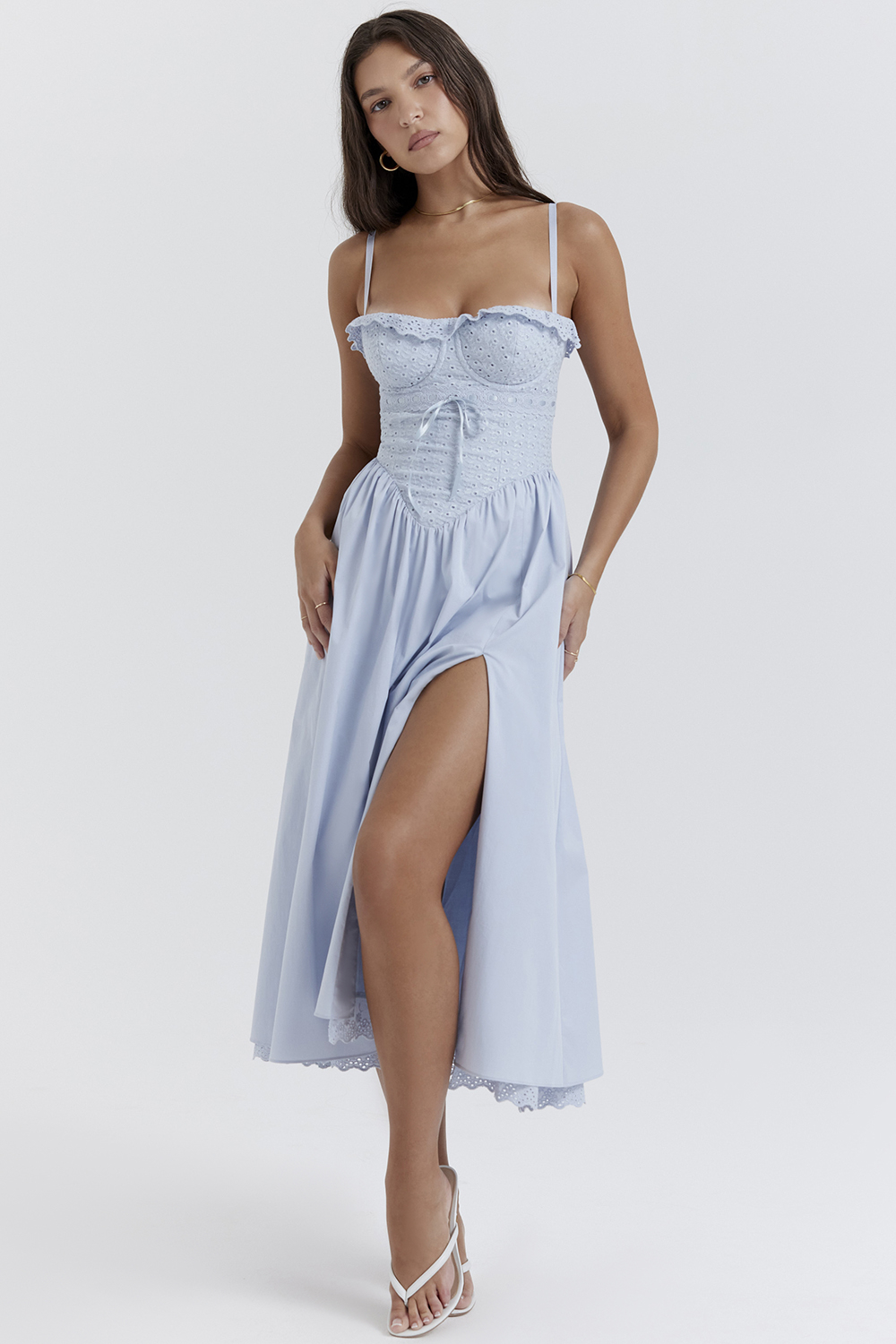 Jaime Soft Blue Cotton Broderie Anglais Midi SunDress