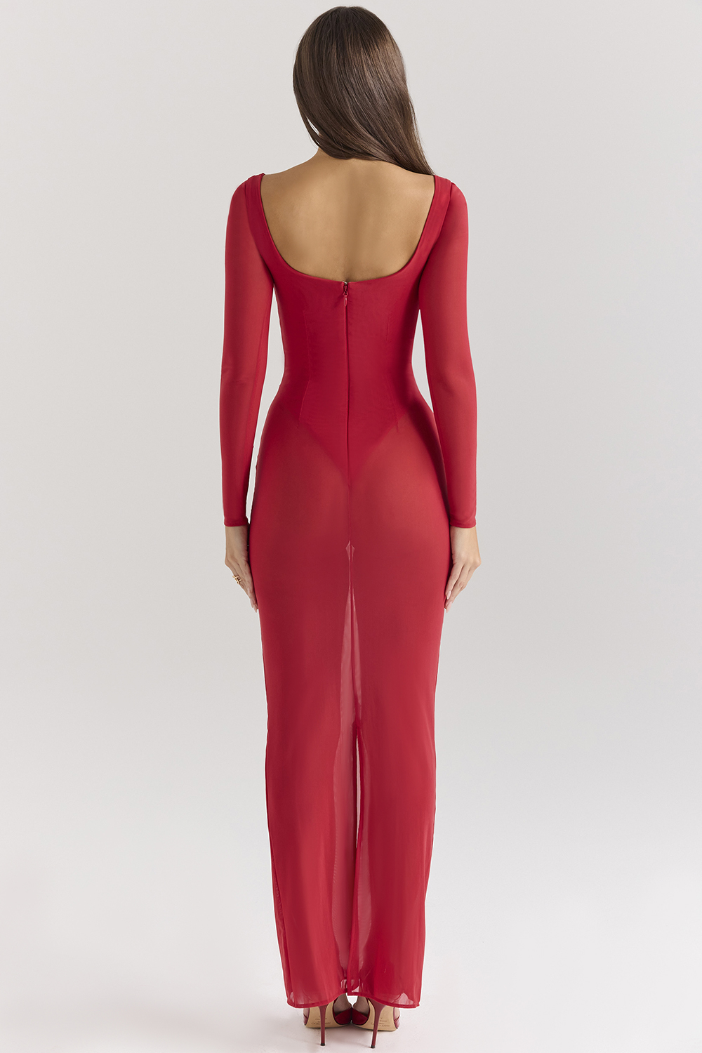 Everly Holly Red Mesh Maxi Dress with Bodysuit
