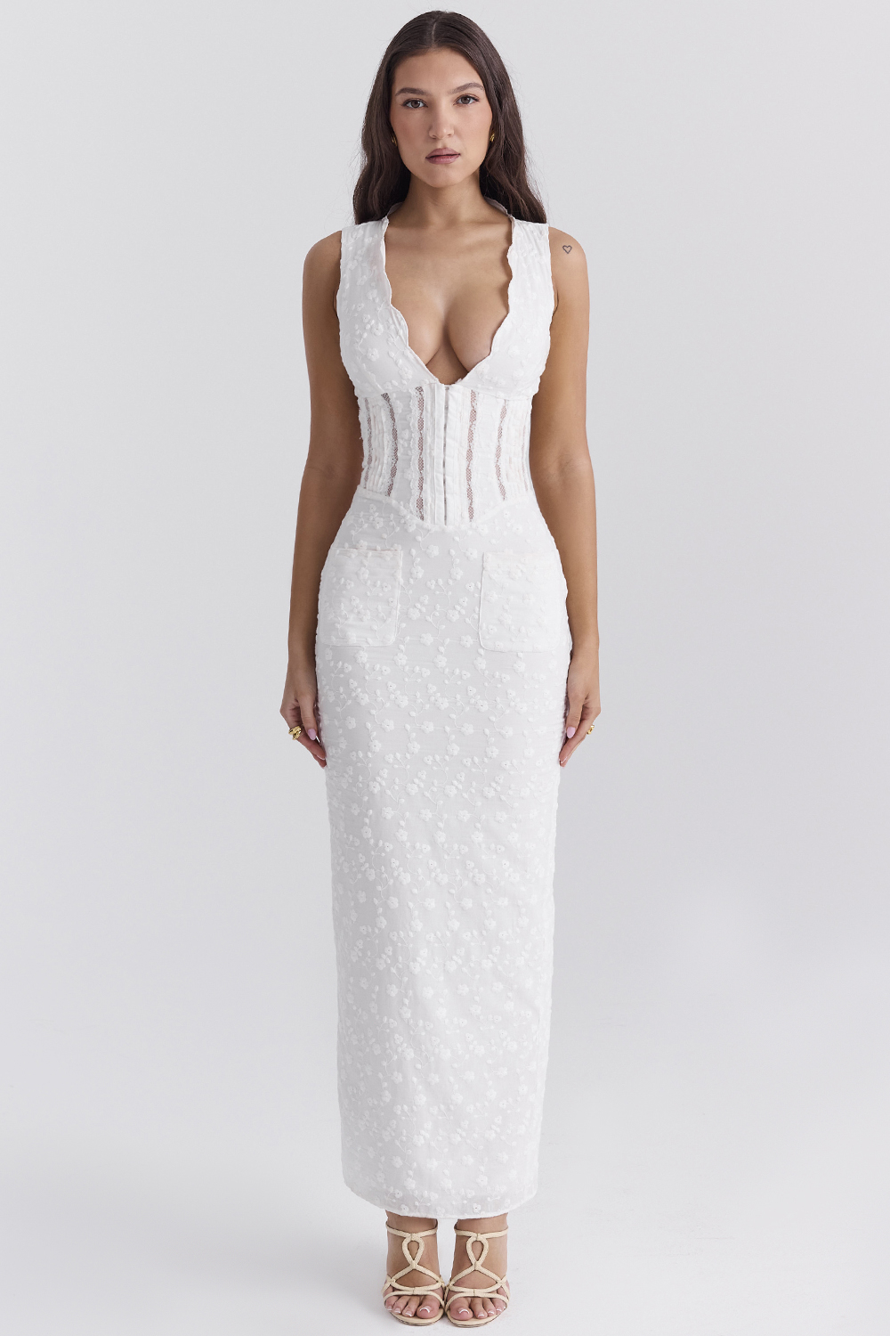 Sophina White Cotton Broderie Anglais Plunge Maxi Dress