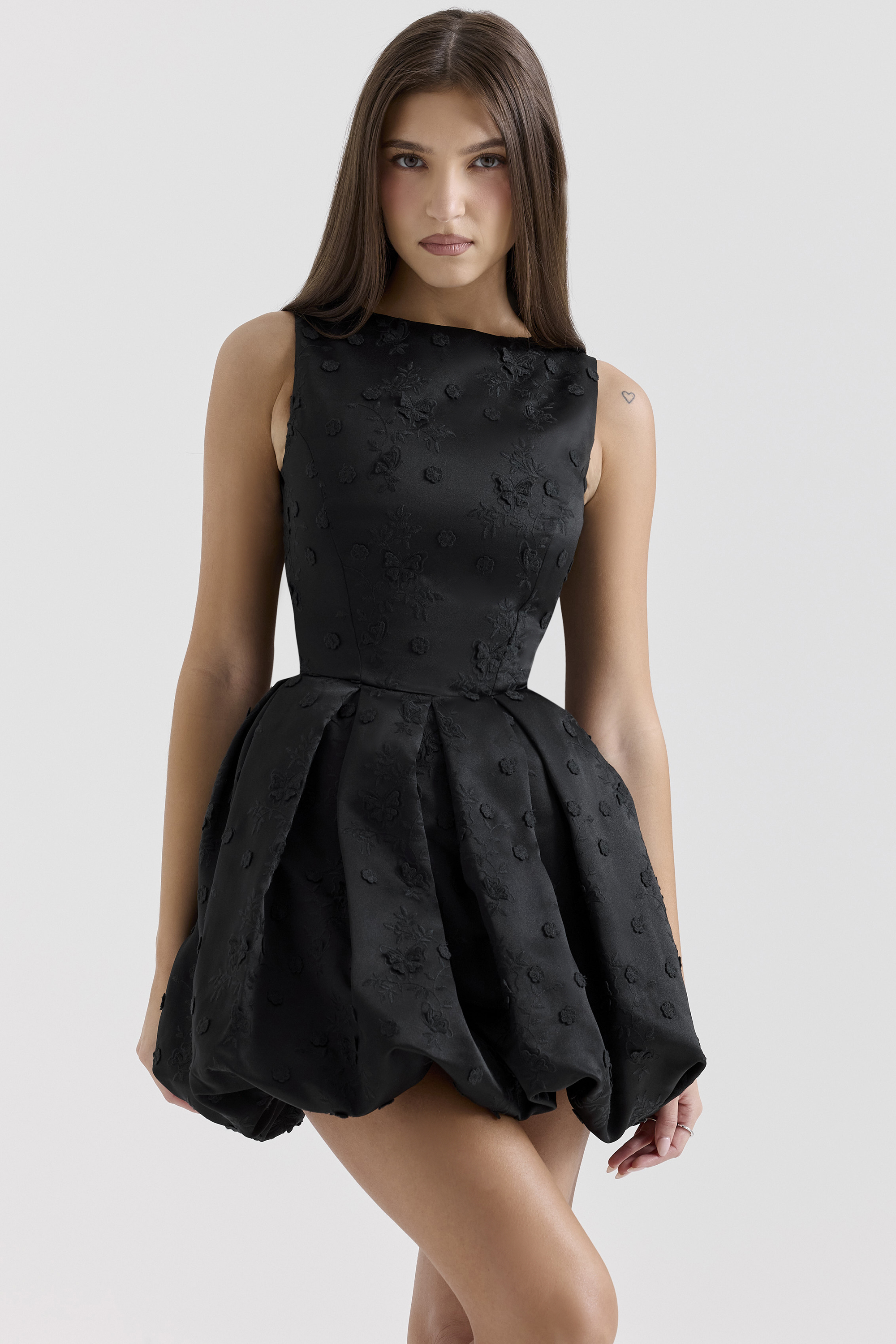 Melika Black Backless Embroidered Mini Puffball Dress