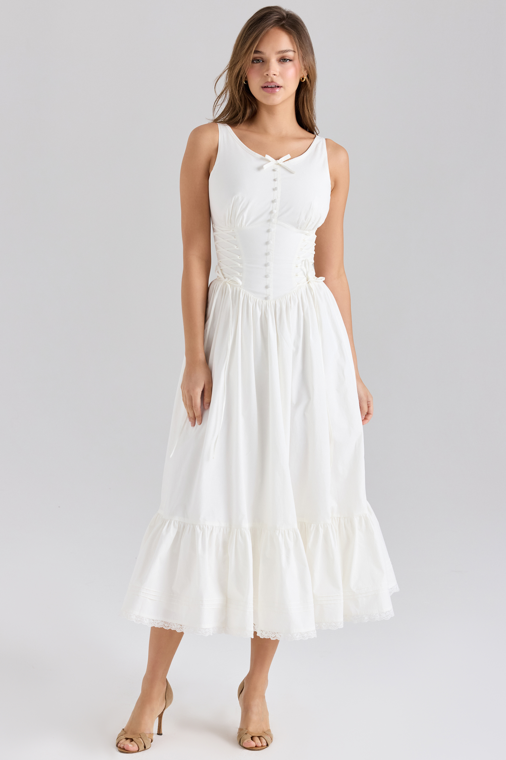Sienna White Stretch Cotton Lace Up Midi Dress
