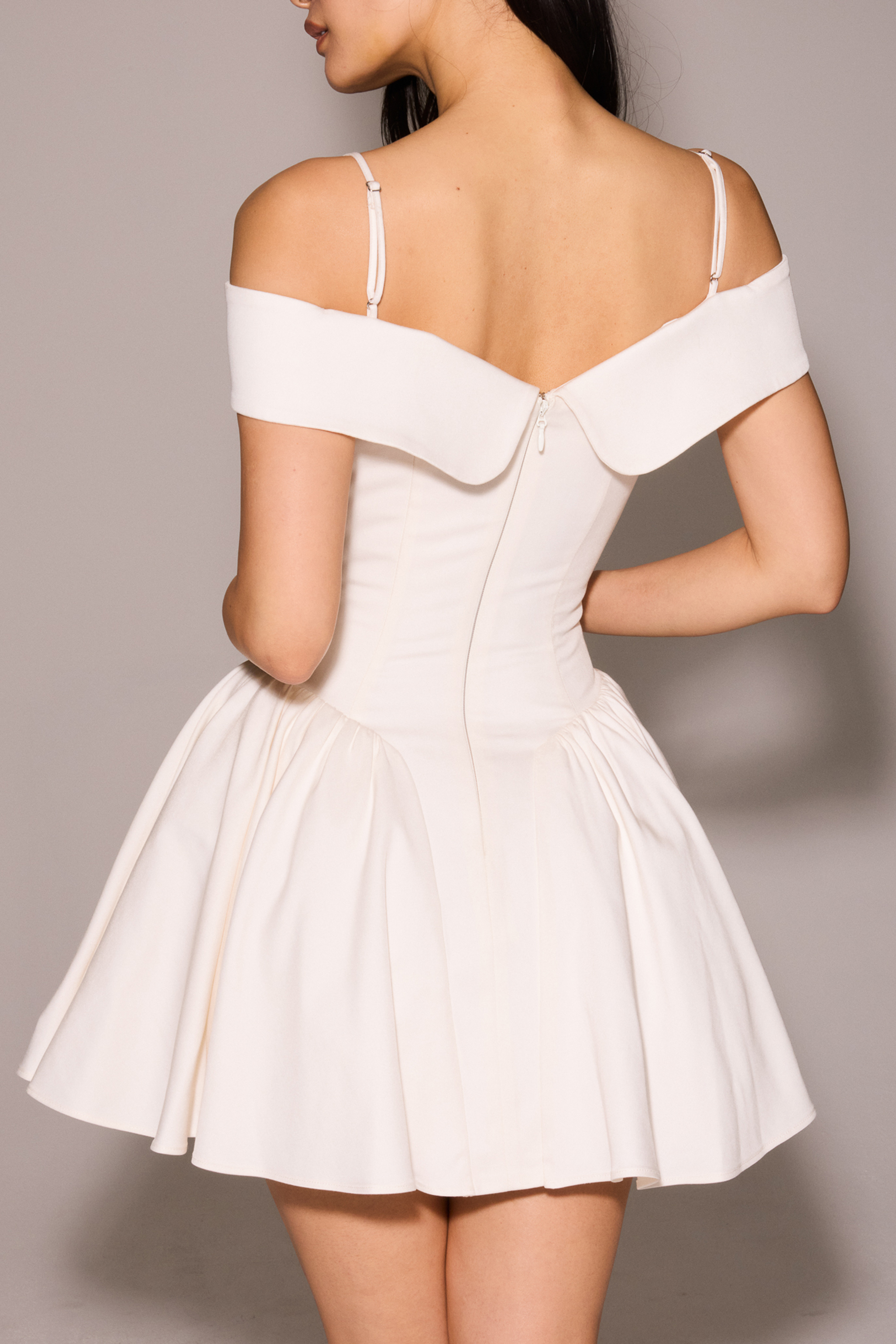 Elida White Twill Off Shoulder Mini Dress