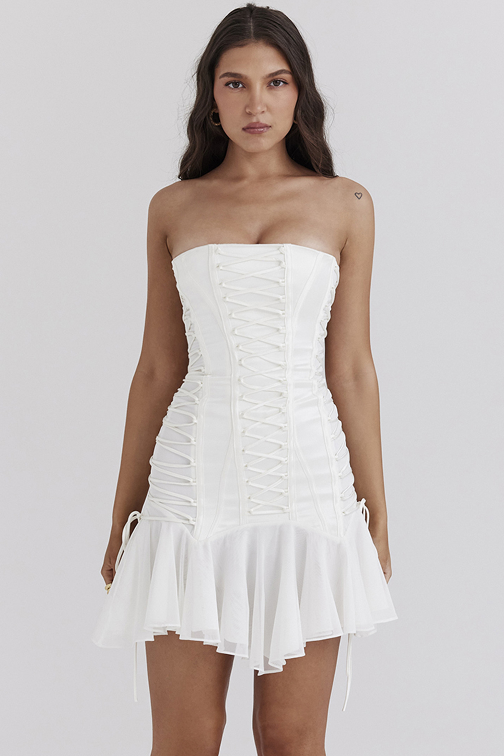 Sirena White Strapless Lace Up Mini Dress