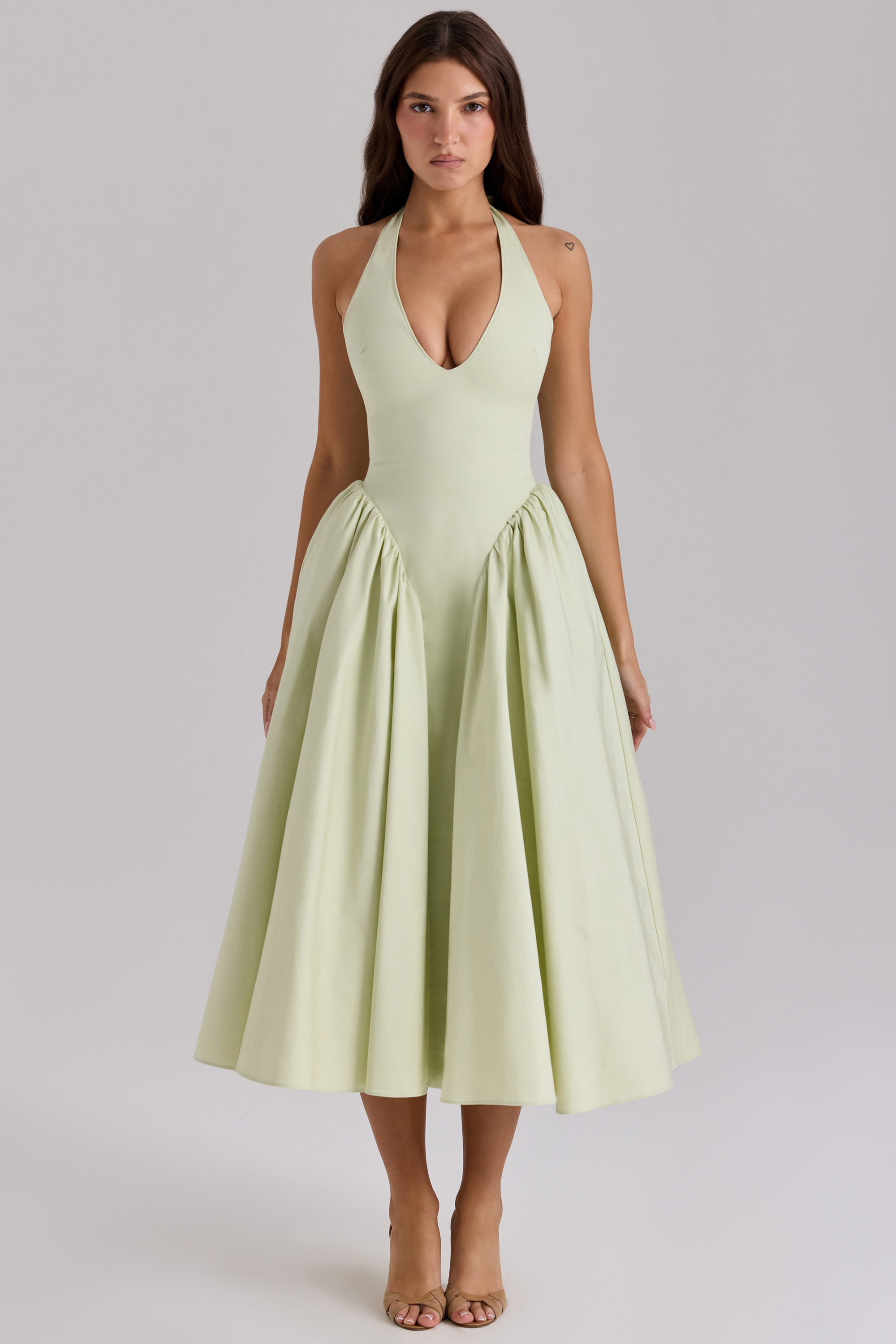 Marilyn Pistachio Cotton Halter Midi Sundress