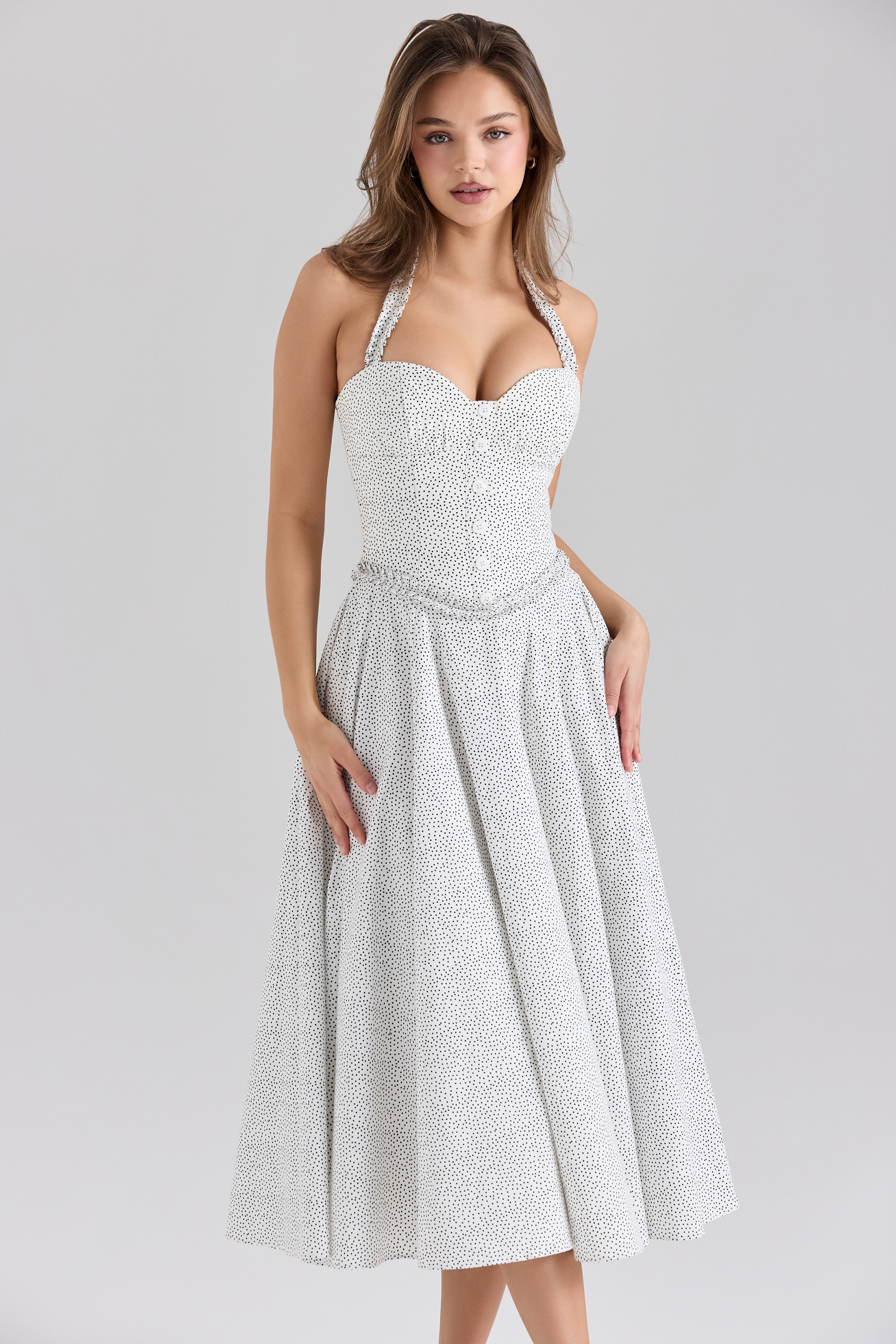 Georgie Cotton Halter Neck Polka Dot Print Midi Dress