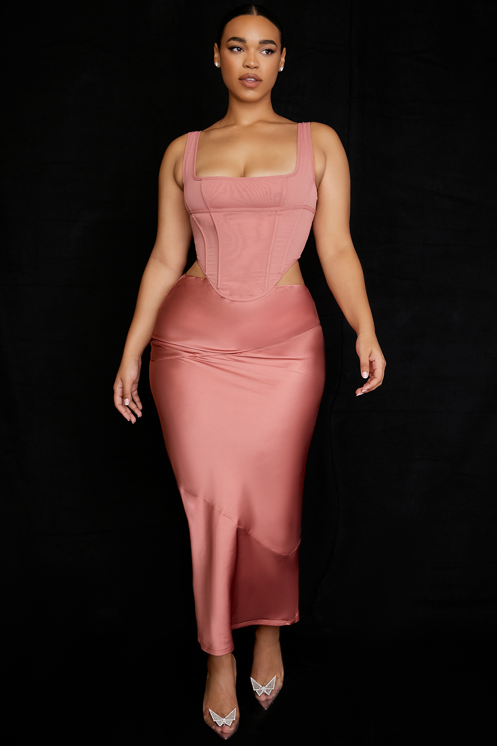 Colette Rose Satin Low Waist Midi Skirt