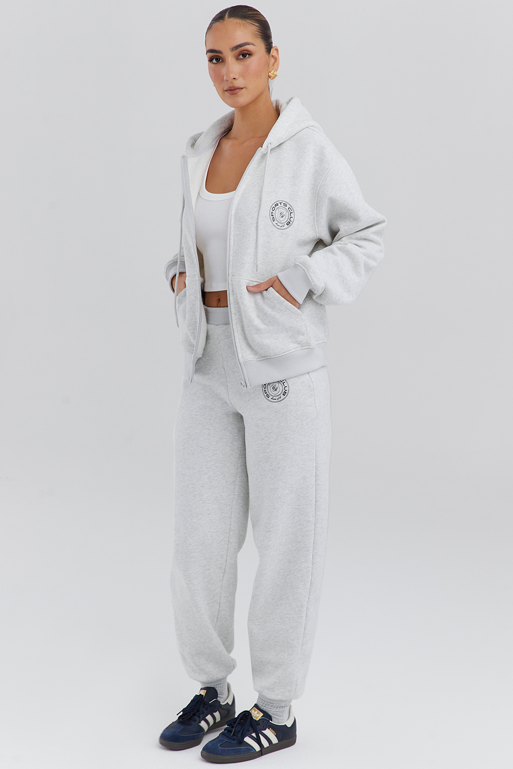 Mirage Light Grey Marl Cotton Fleece-Back Zip Through Hoodie