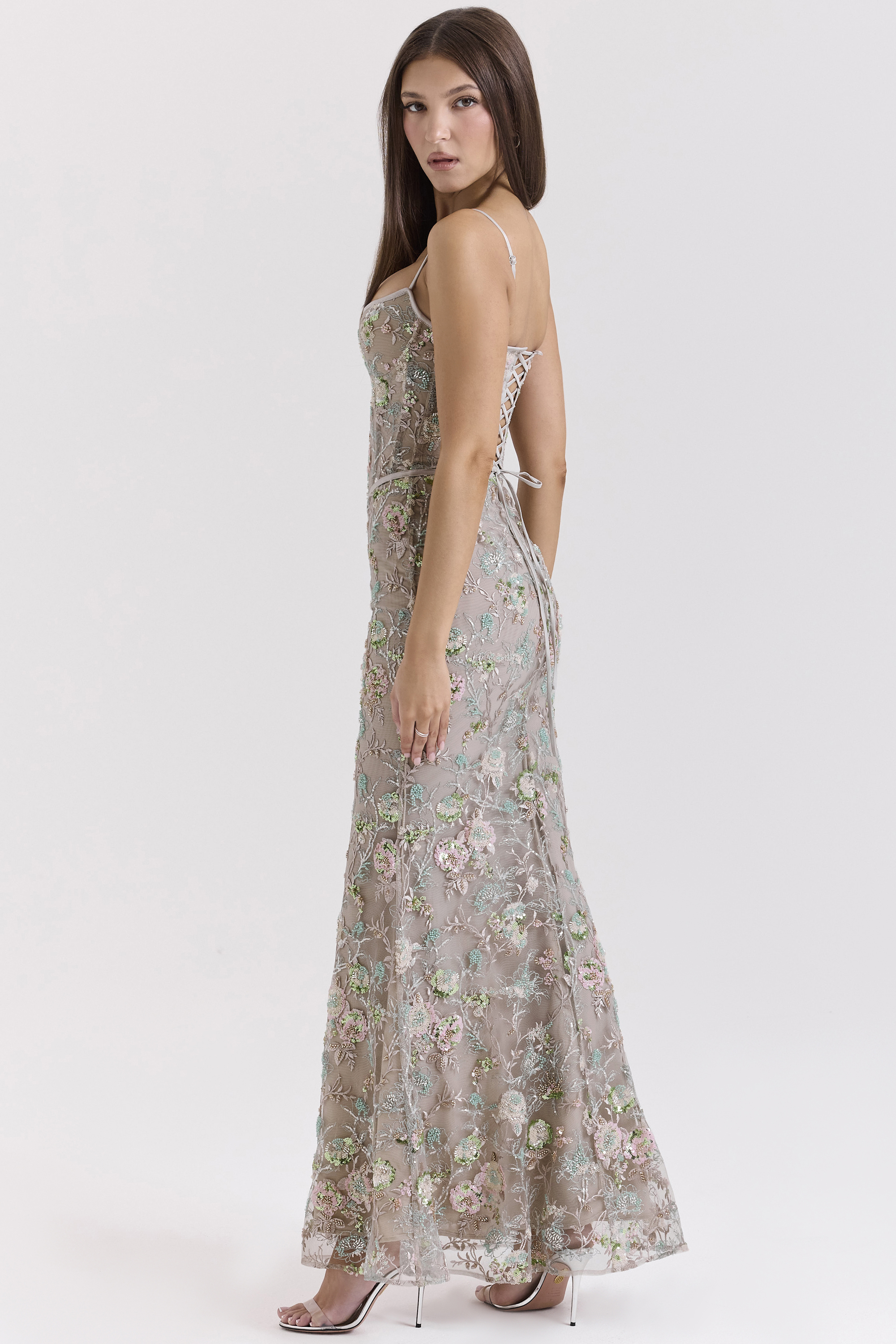 Naima Silver Embellished Beaded Corset Maxi Dress