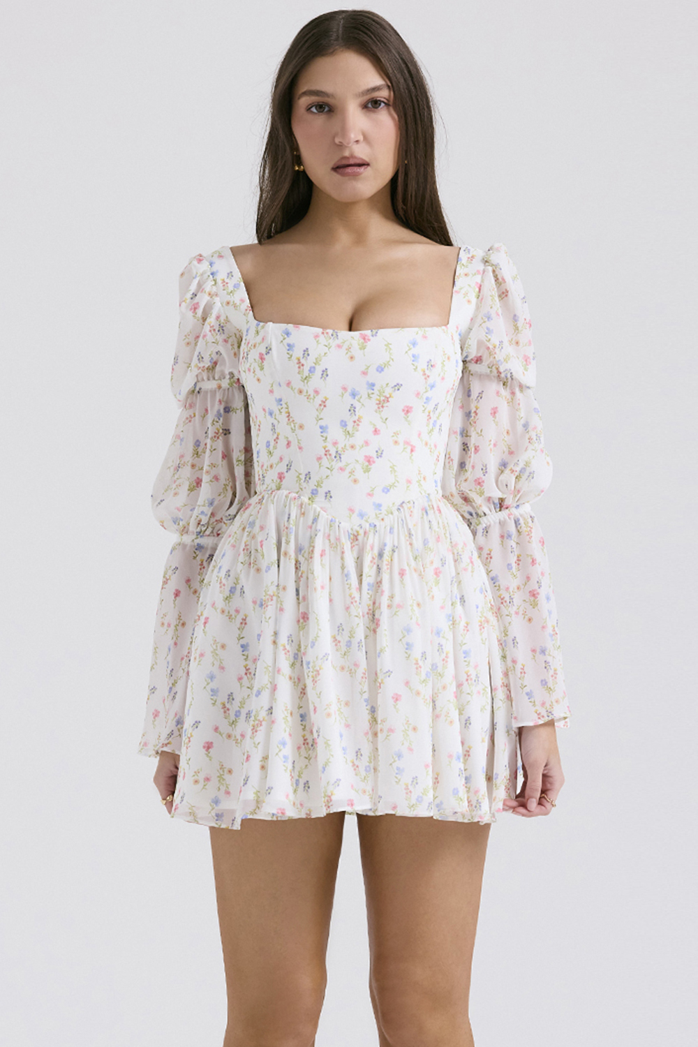 Sancia White Posy Print Puff Sleeve Mini Dress