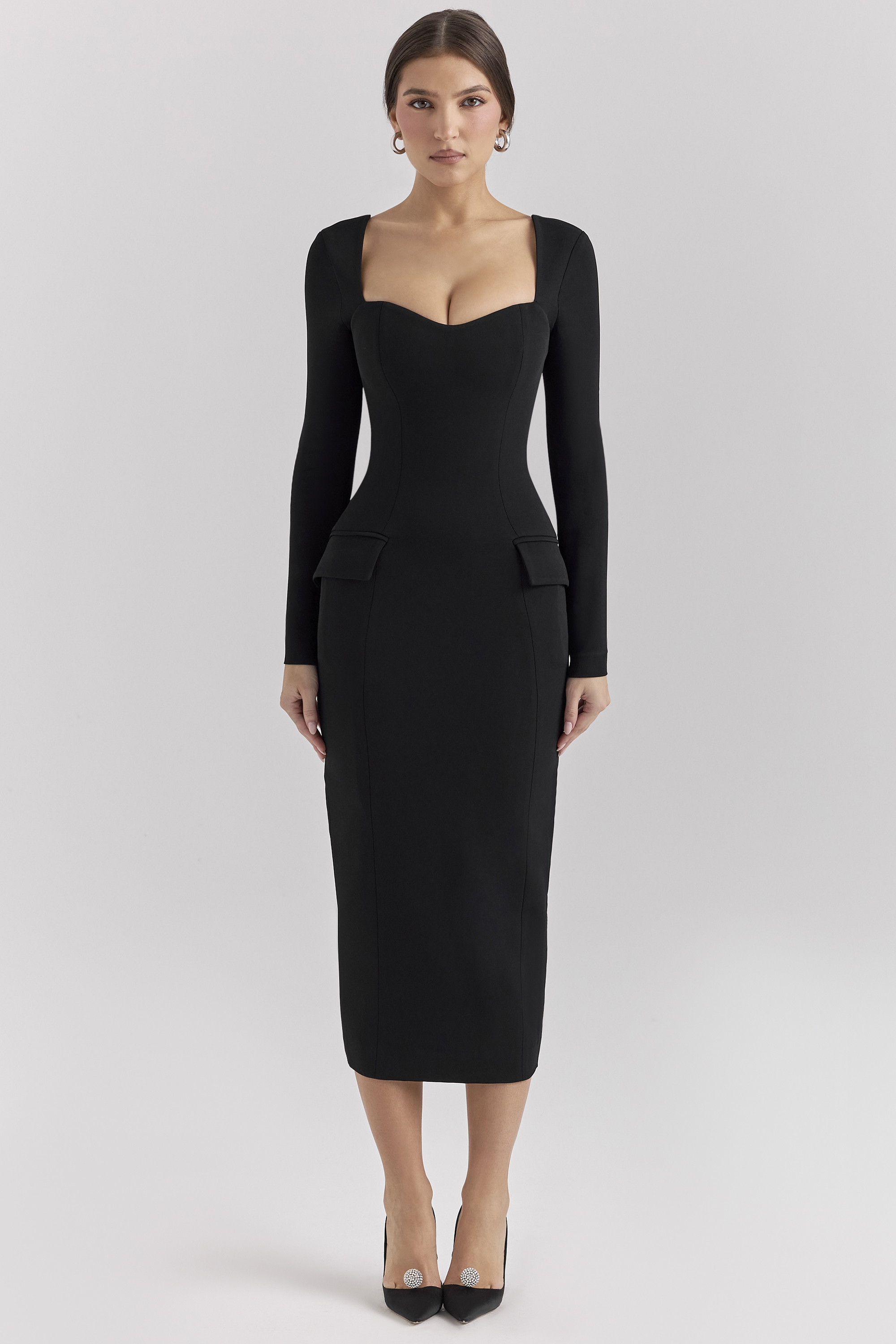 Ella Black Stretch Crepe Long Sleeve Midi Dress
