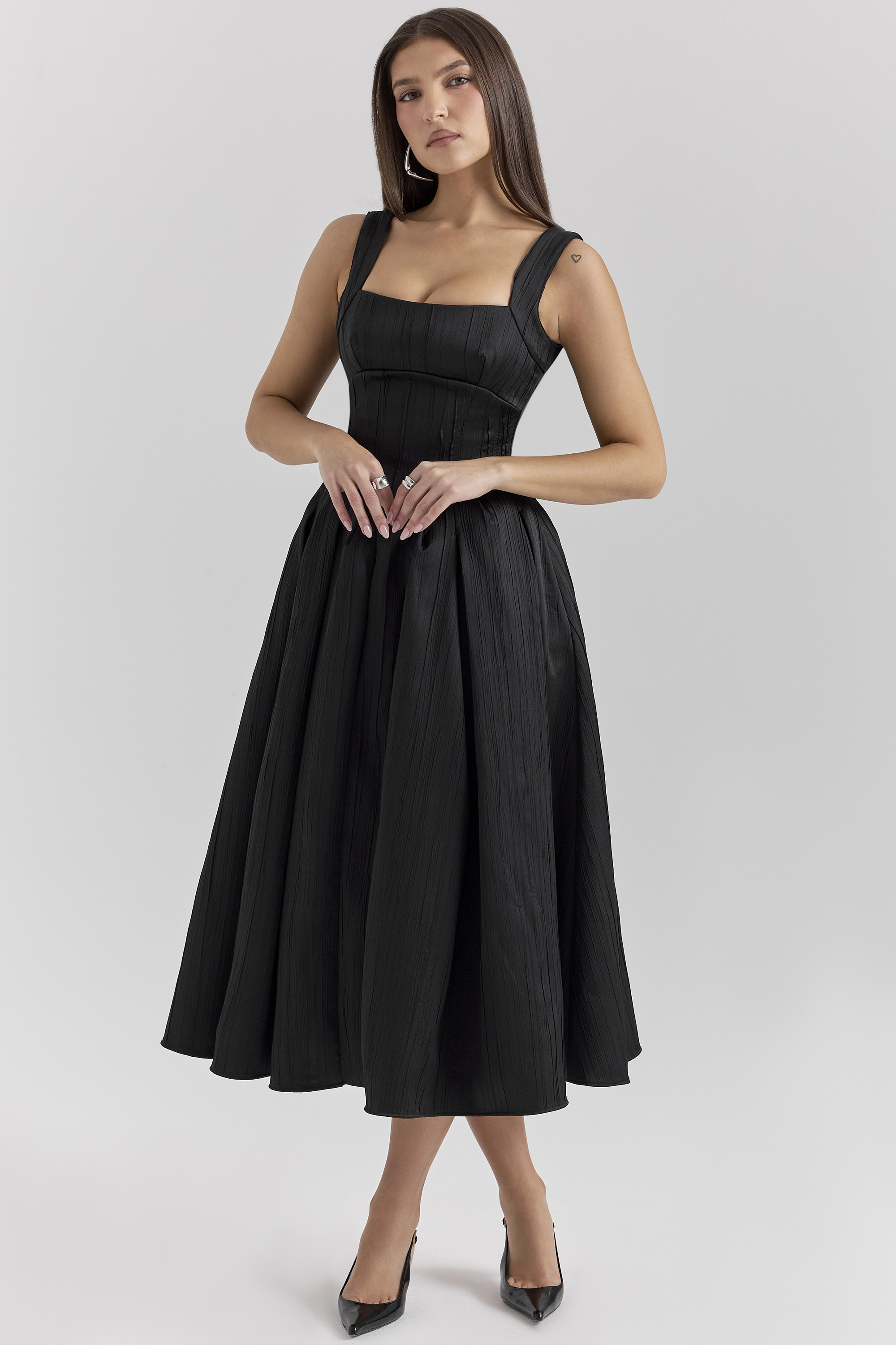 Isabeau Black Textured Satin Corset Midi Dress