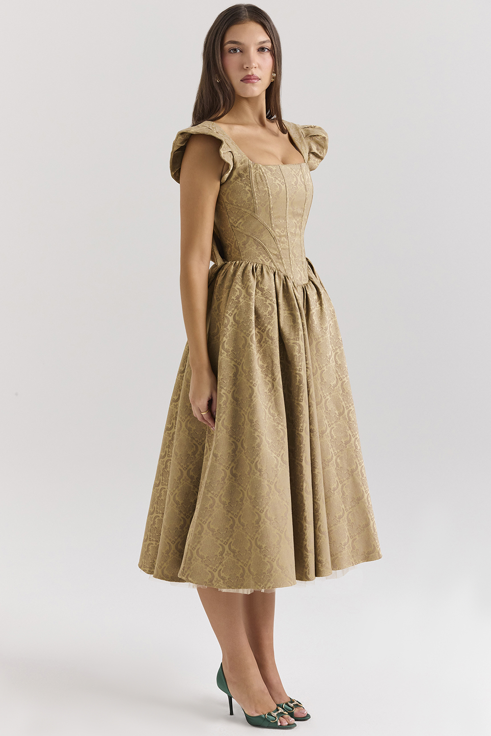 Alessandra Gold Jacquard Midi Dress with Detachable Bow - SALE