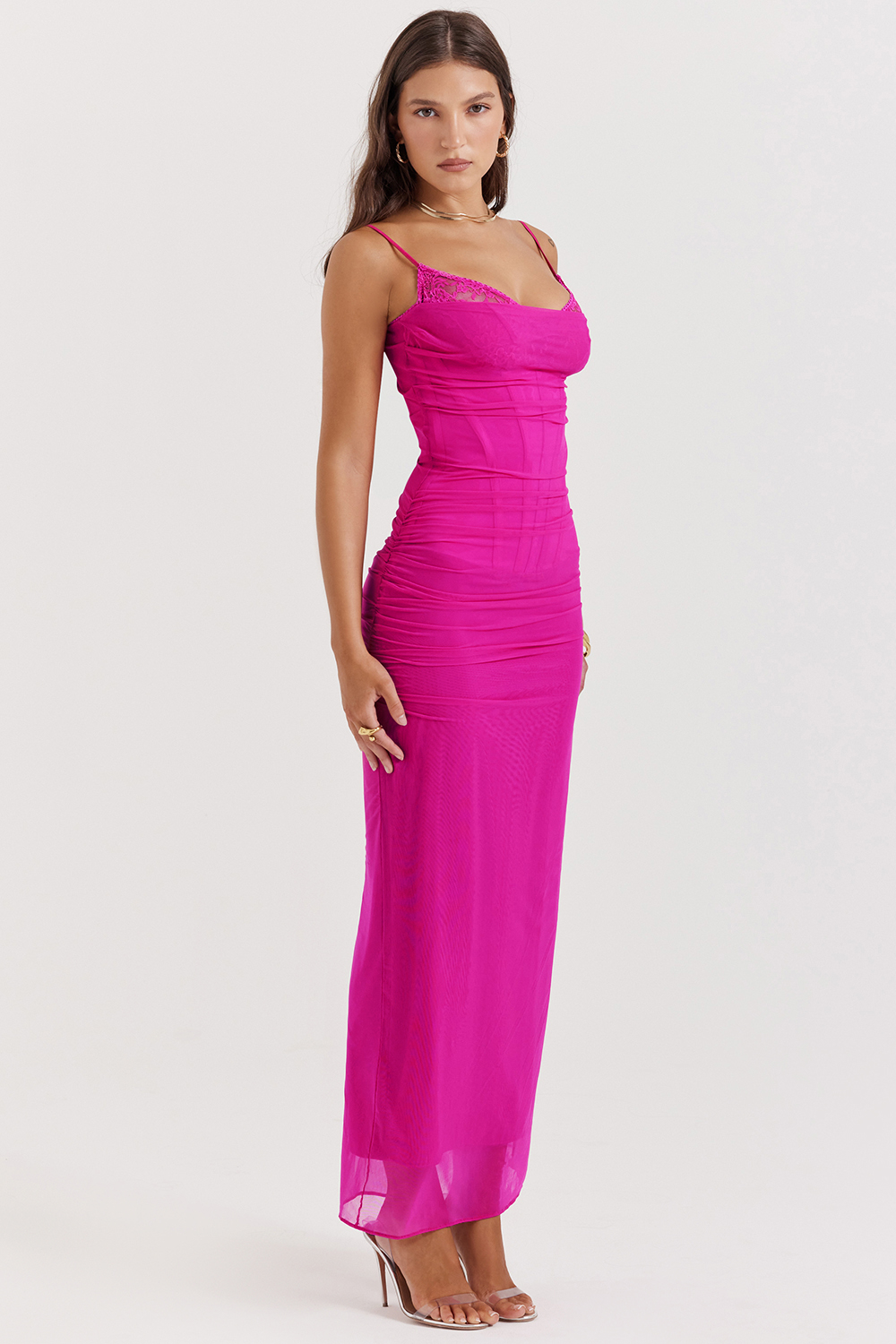 Nalini Fuchsia Stretch Mesh Maxi Dress