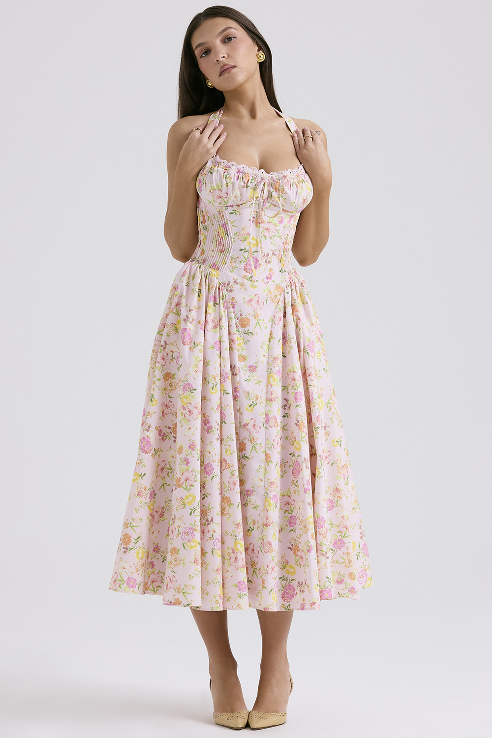Adabella Pink Meadow Print Cotton Halter Midi Sundress