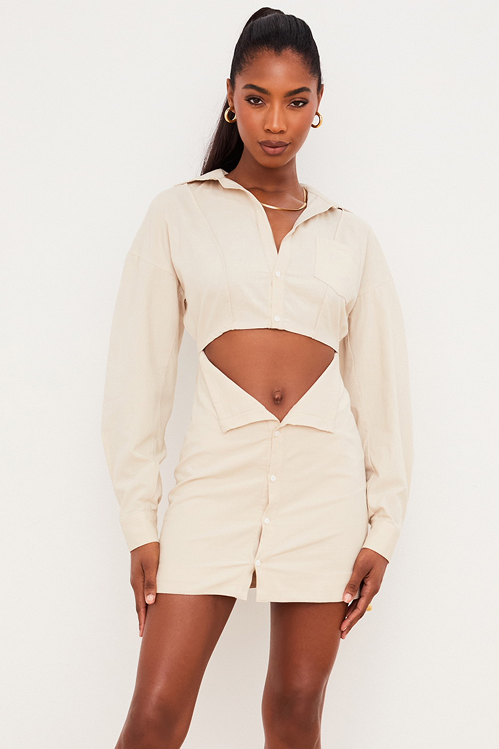 Julietta Beige Linen Cutout Shirt Dress