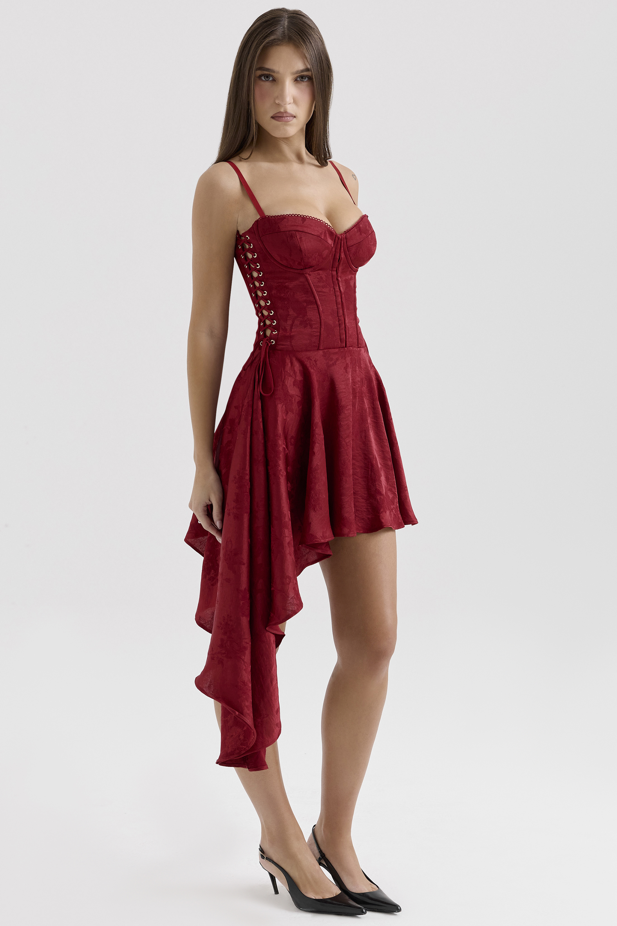Lola Wine Jacquard Satin Draped Mini Dress