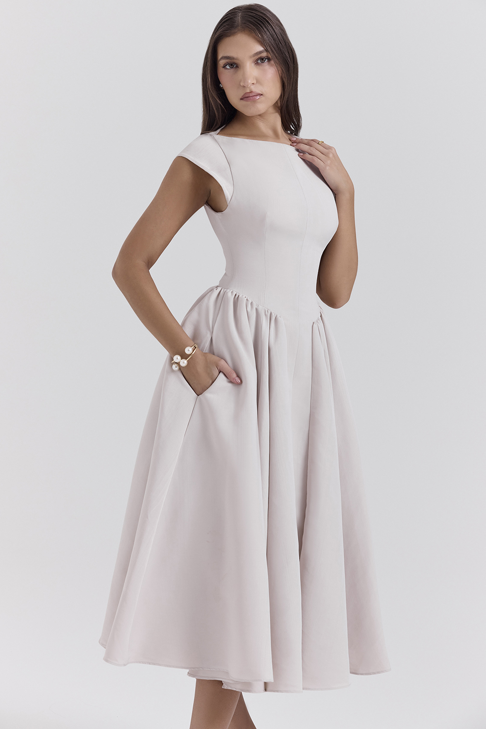 Debutante French Dove Moire Satin Backless Midi Dress