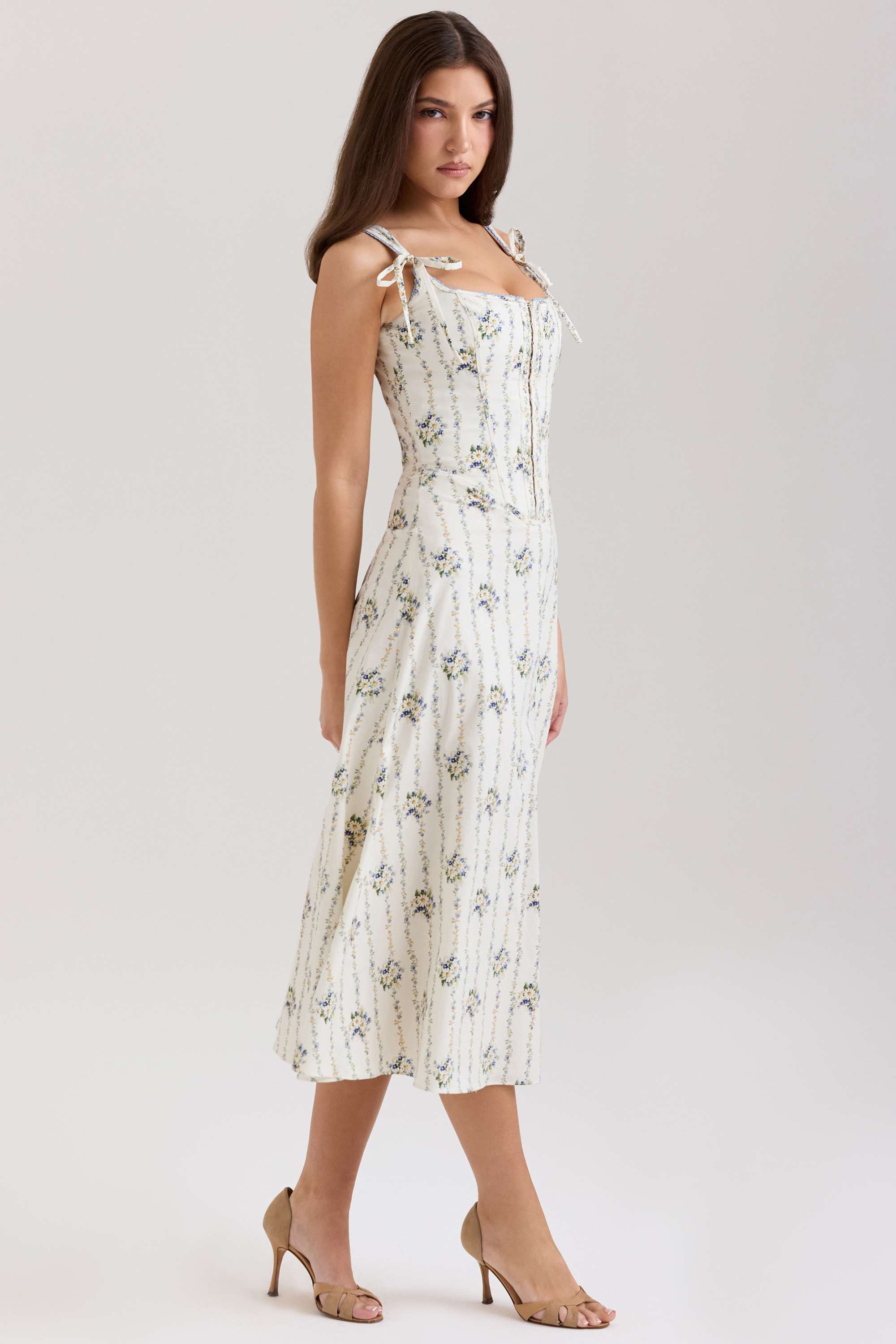 Dionne Cream Daisy Print Stretch Cotton Midi Dress