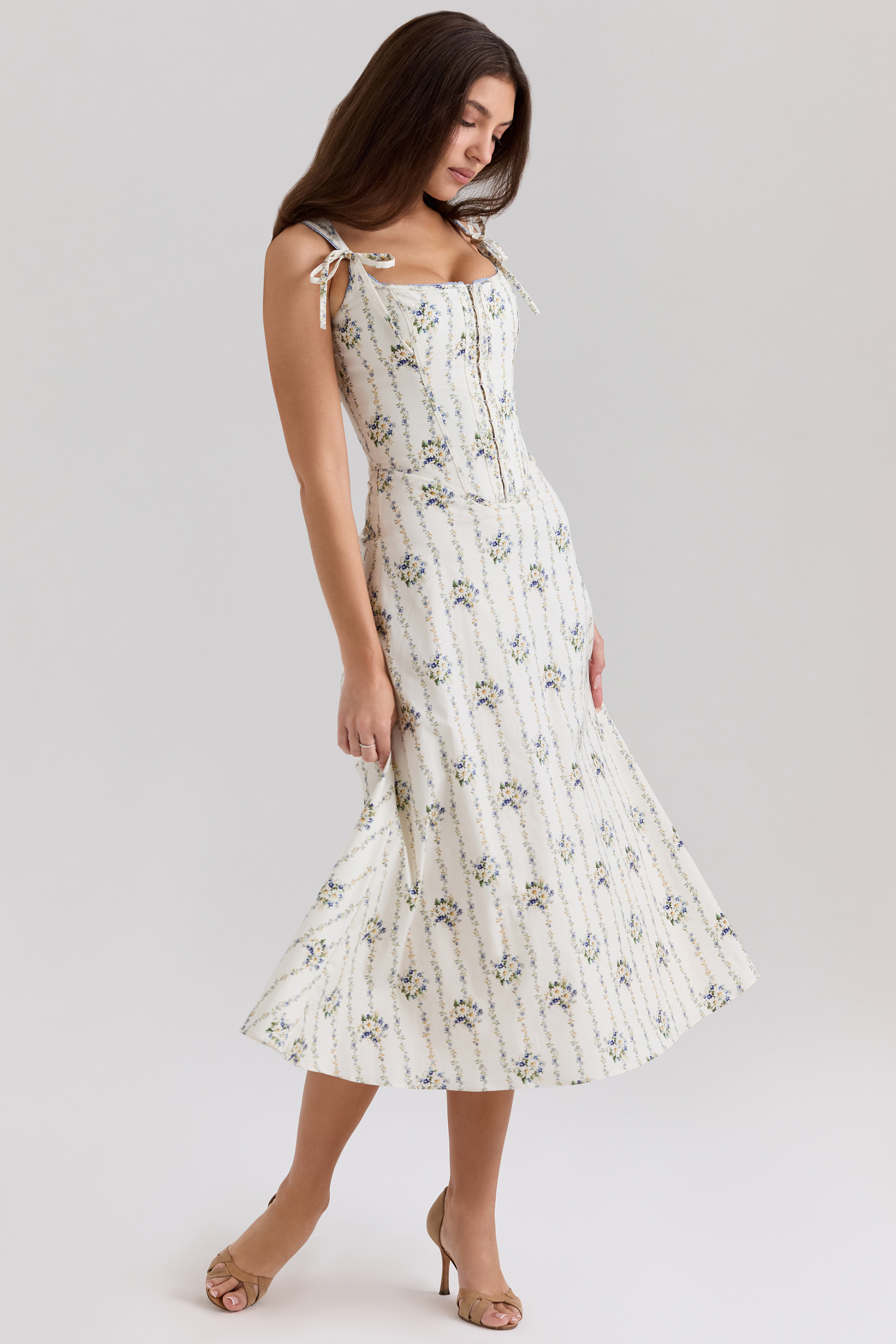 Dionne Cream Daisy Print Stretch Cotton Midi Dress