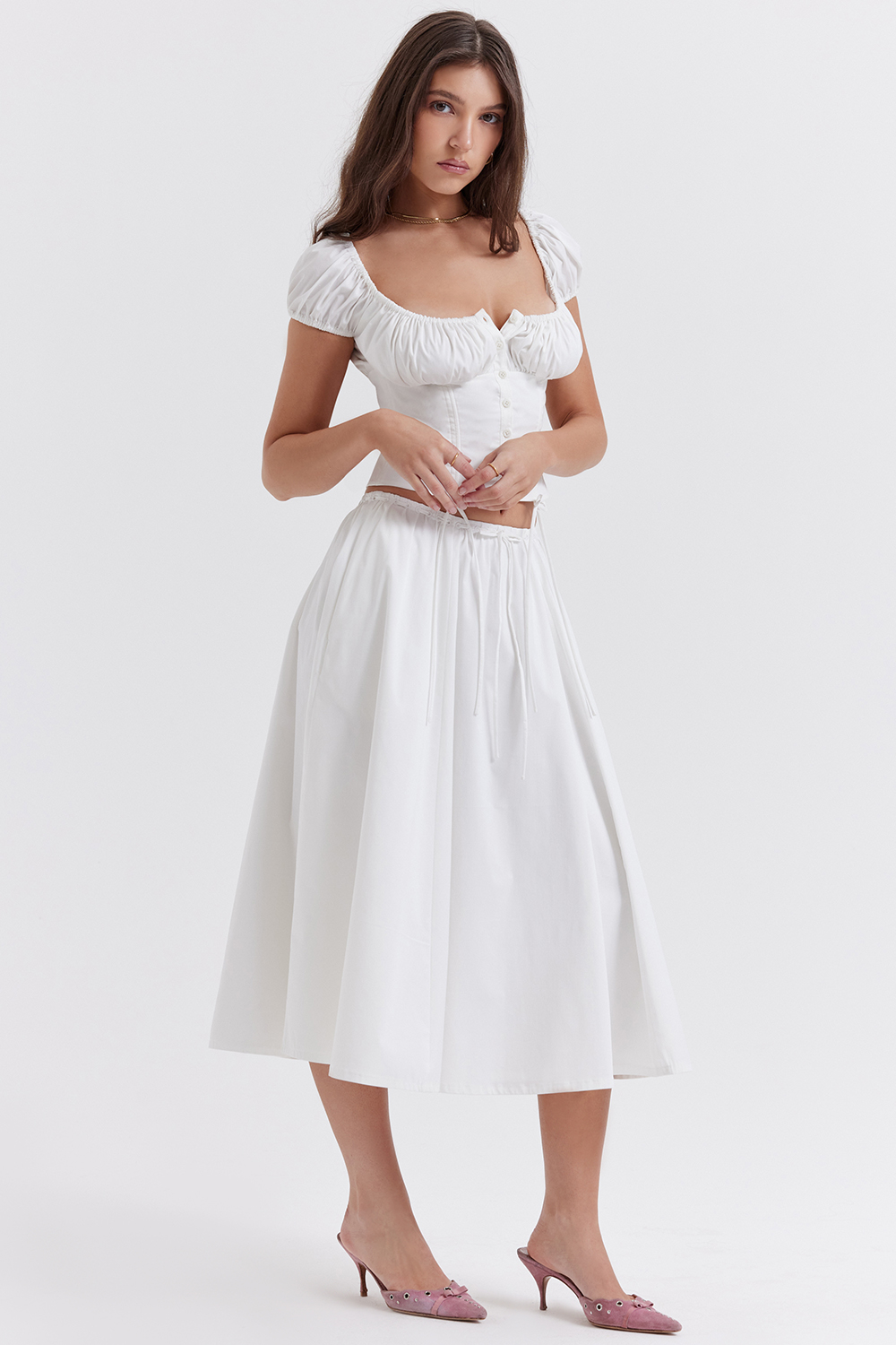 Cora White Gathered Midi Skirt