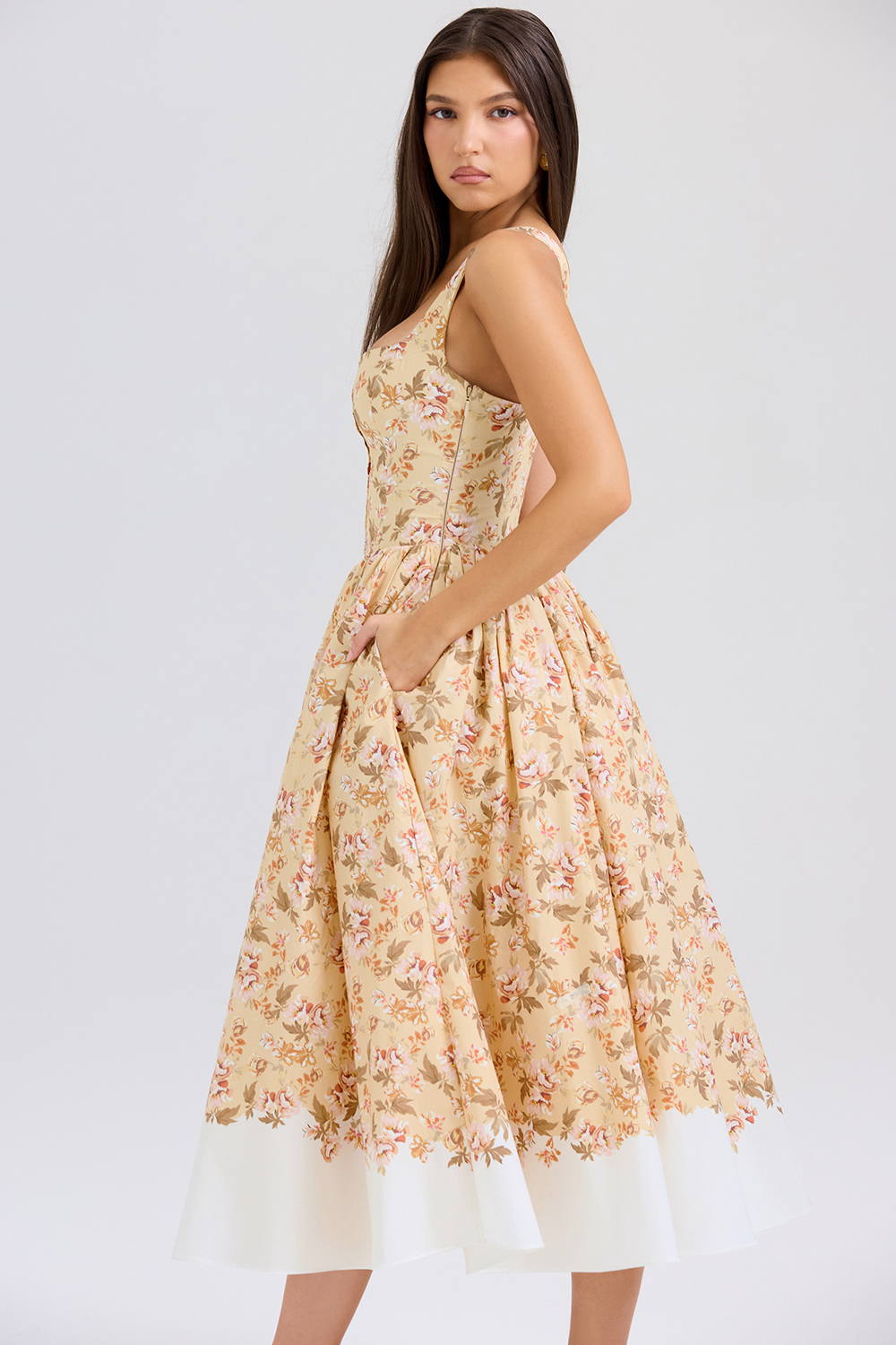 Alba Honeyflower Print Gathered Cotton Midi Dress