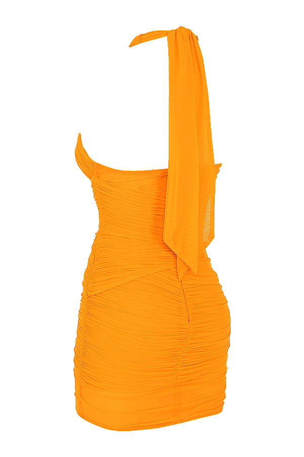 Over ItMistress Rocks  Orange Gathered Mesh Halter Neck Mini Dress - SALE