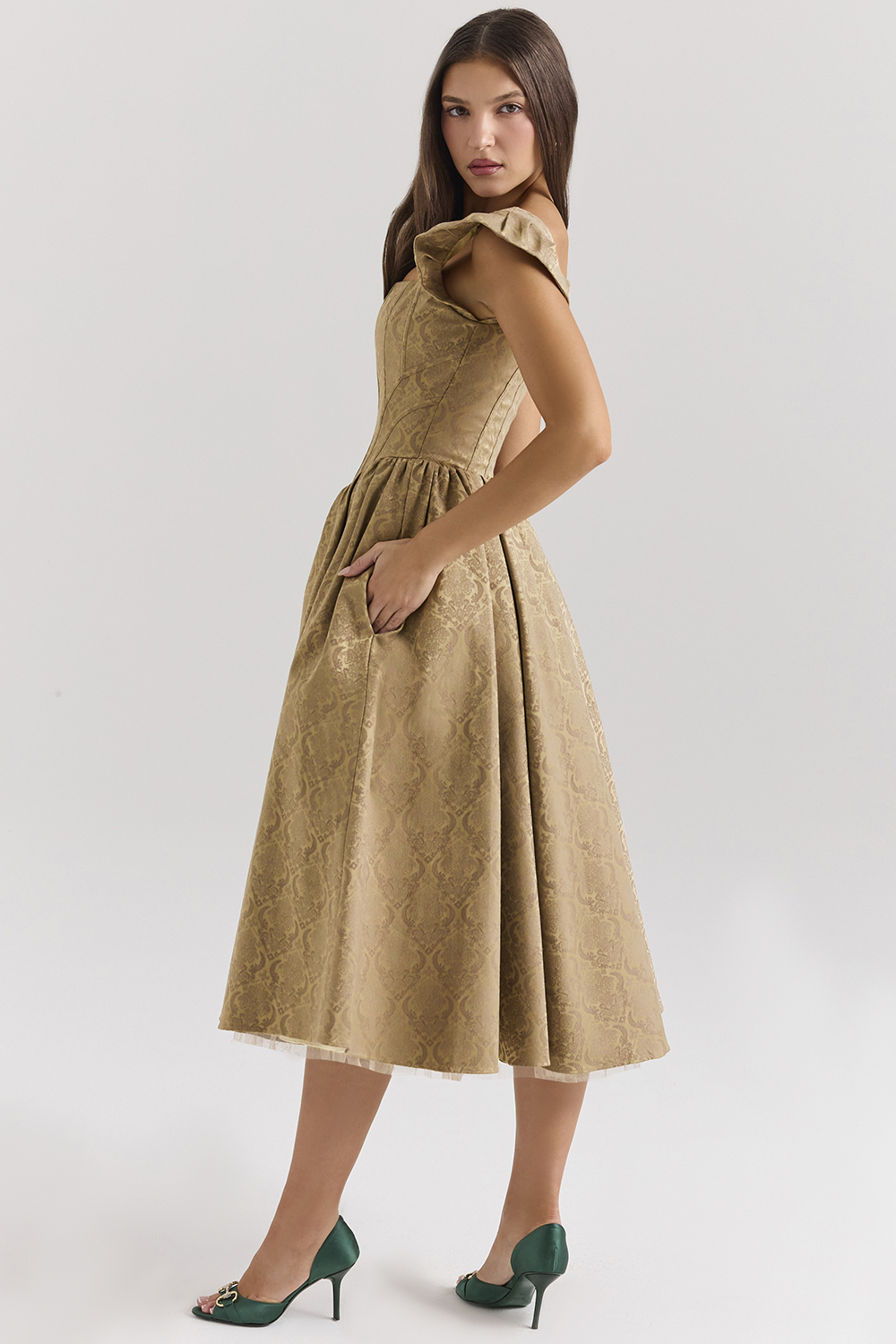 Alessandra Gold Jacquard Midi Dress with Detachable Bow - SALE