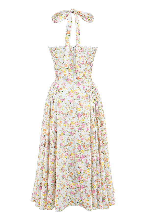 Adabella Pale Blue Meadow Print Cotton Halter Sundress