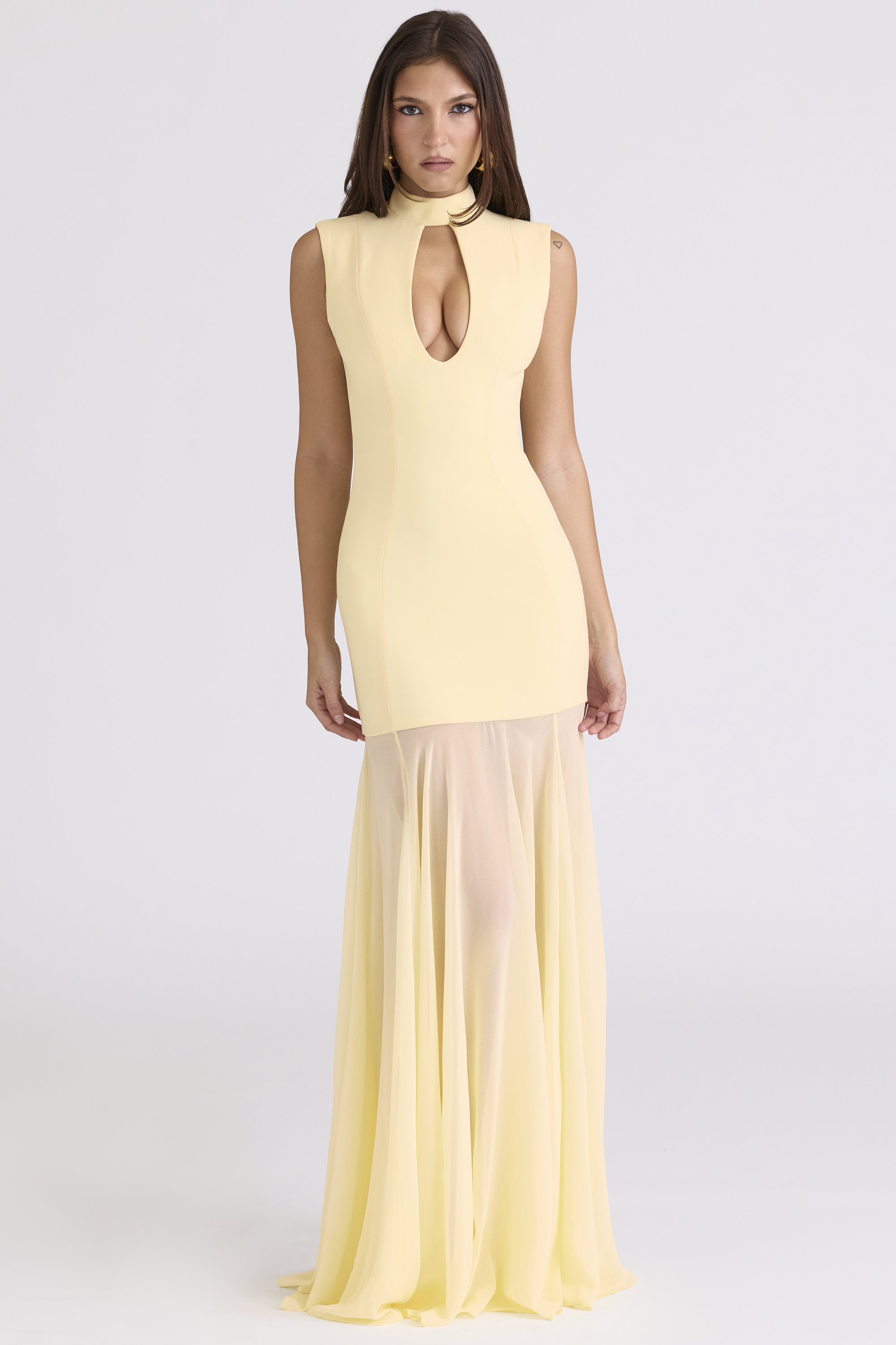 Raphaella Butter Yellow Keyhole Maxi Dress
