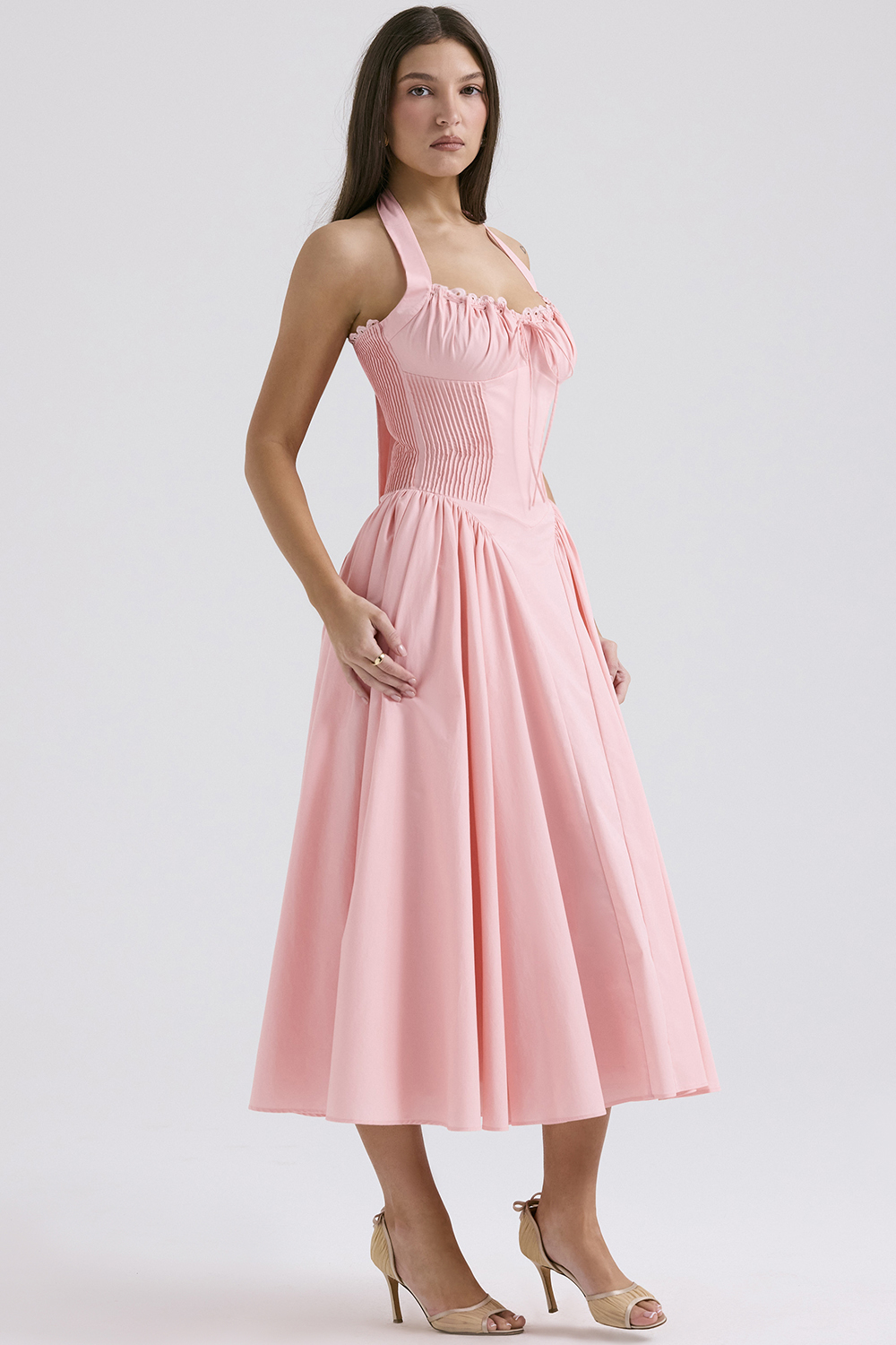 Adabella Rose Pink Cotton Halter Midi Sundress