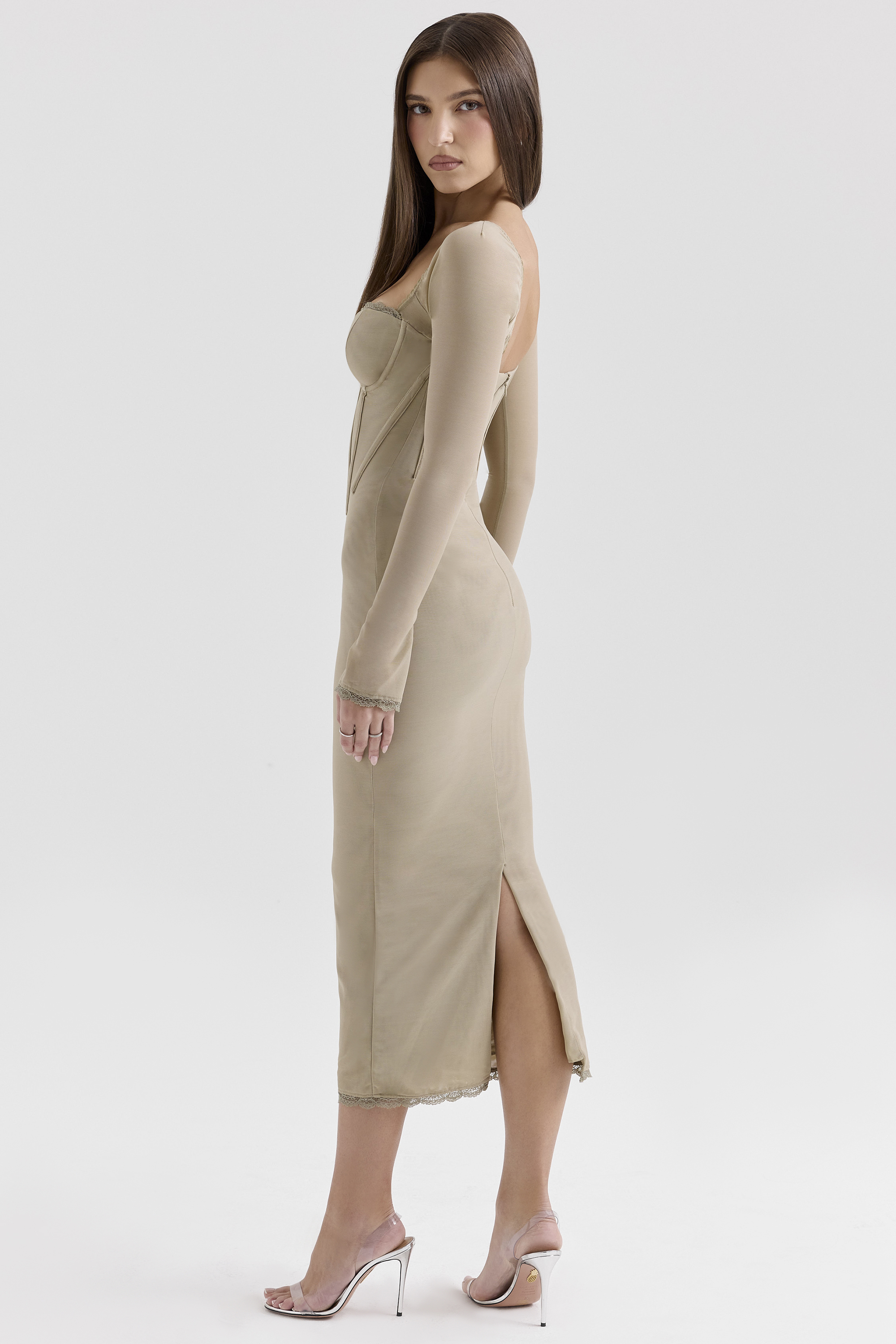 Saisha Beige Mesh Long Sleeve Bodycon Midi Dress