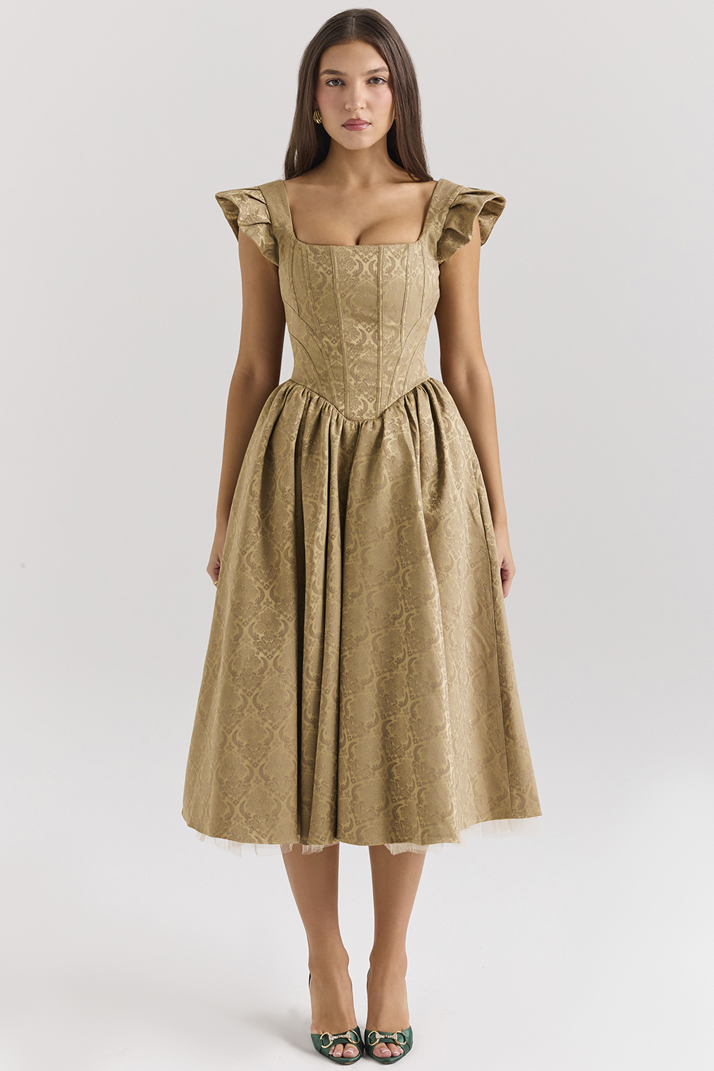 Alessandra Gold Jacquard Midi Dress with Detachable Bow - SALE