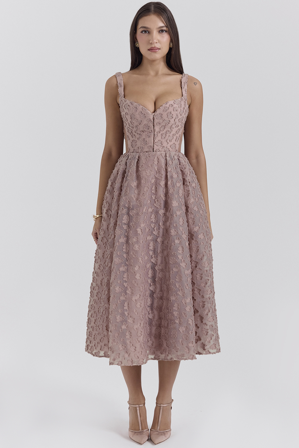 Lovely French Rose Jacquard Sweetheart Neckline Midi Dress - SALE