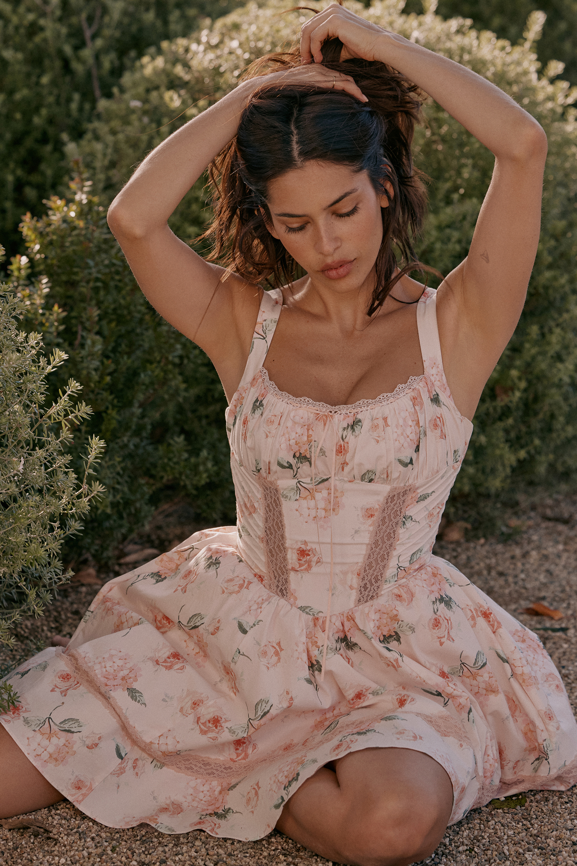 Kimmie Peach Floral Rose Print Cotton Mini Dress