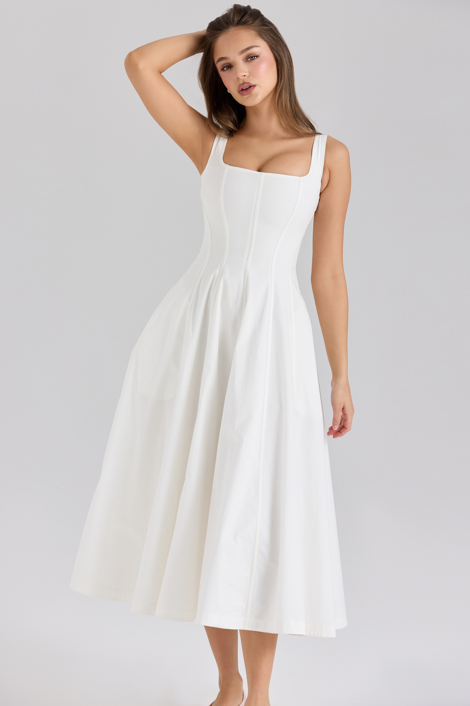 Mariabella White Stretch Cotton Midi Sundress