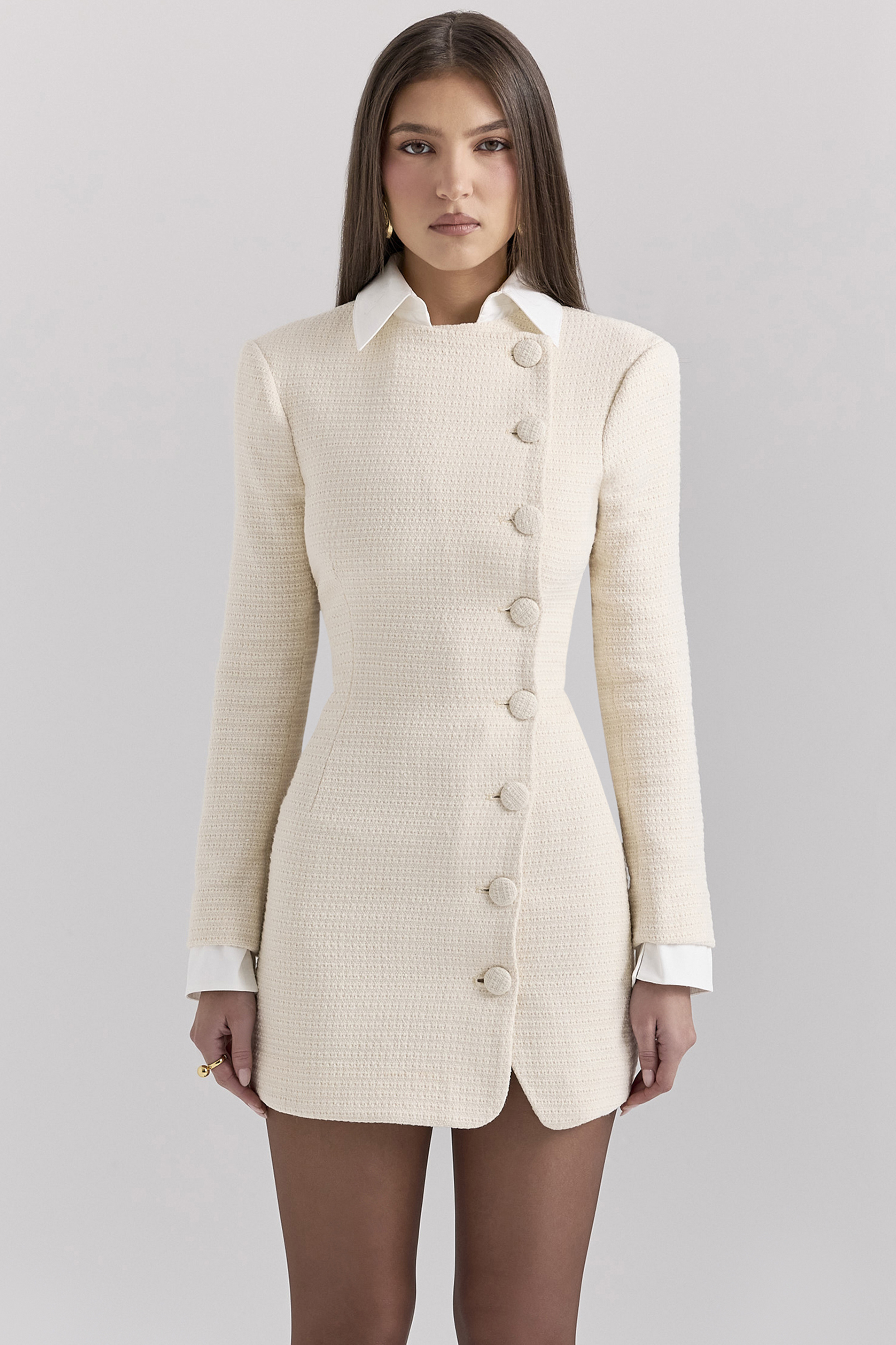 Leoni Cream Boucle Tweed Mini Dress